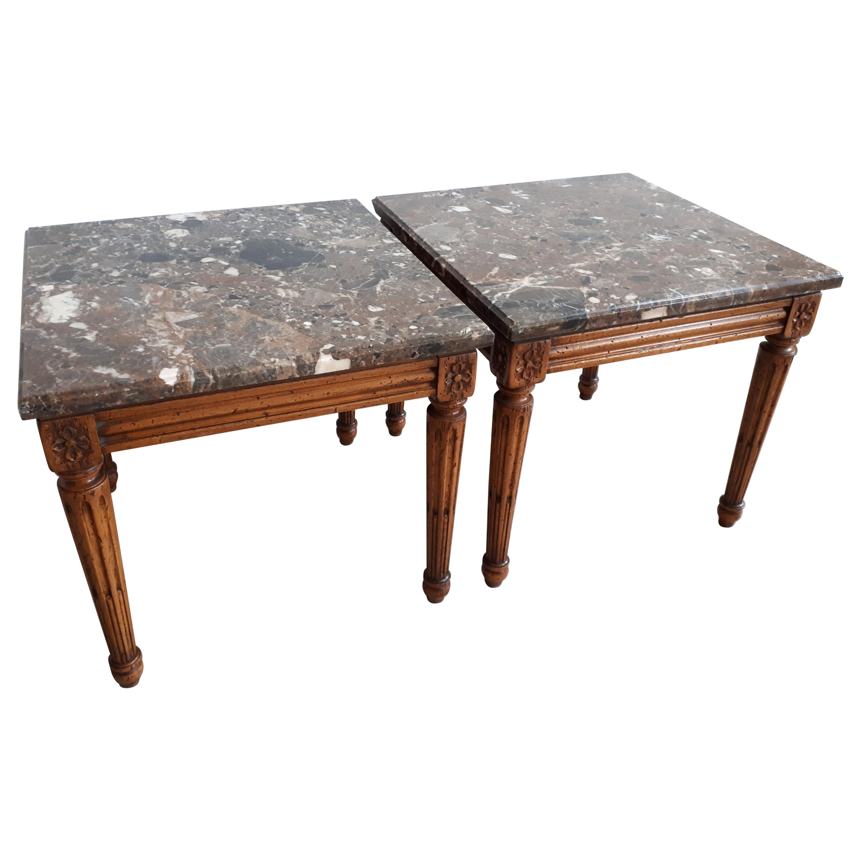French Louis XVI Style Marble Nightstands or Ends Table, Pair