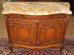 French Louis XVI Style Marble Top Burl Wood Server Dresser Commode Circa 1920