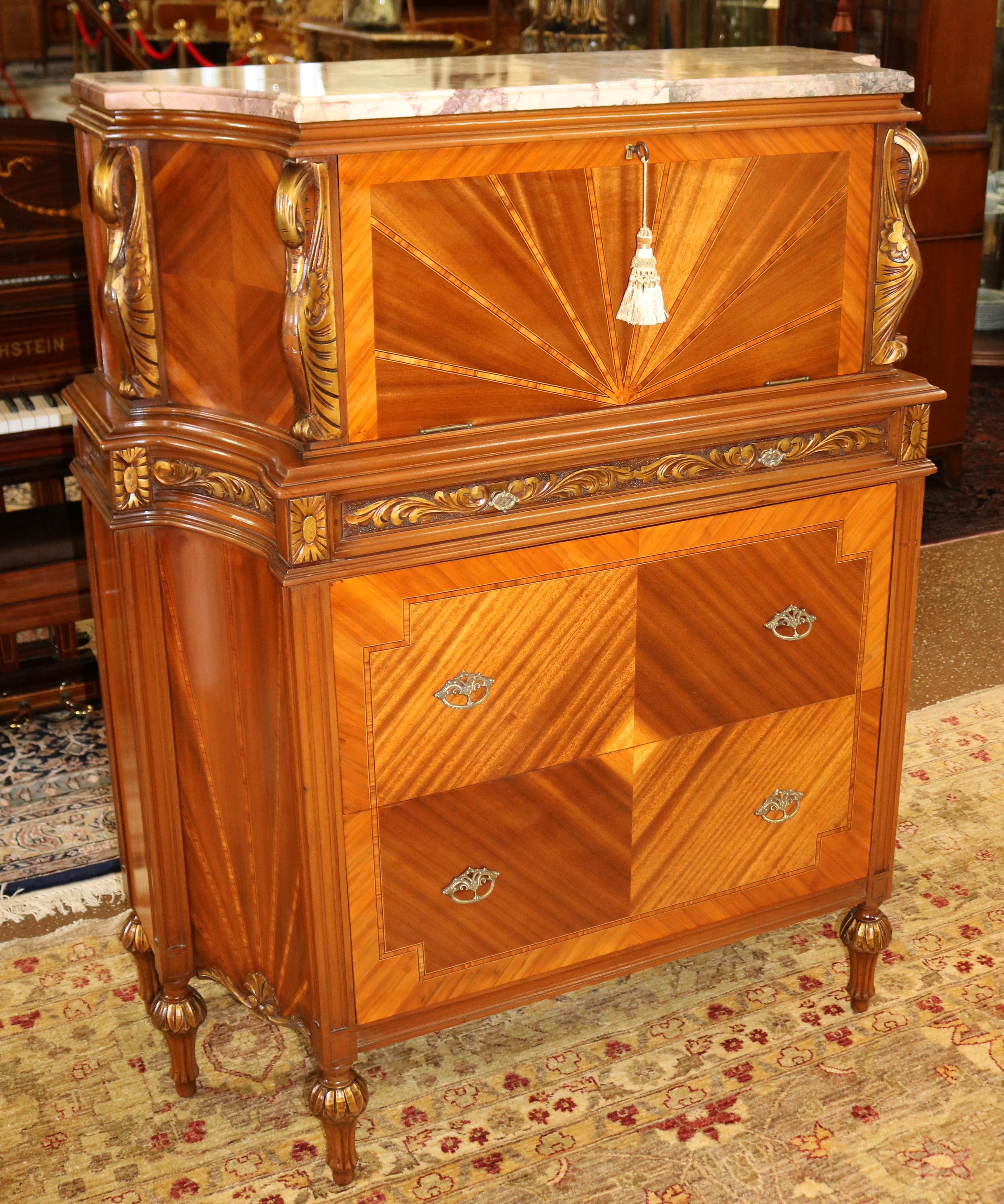 French Louis XVI Style Marble Top Carved Swan Kingwood Dresser High Chest C 1920

Dimensions : 44