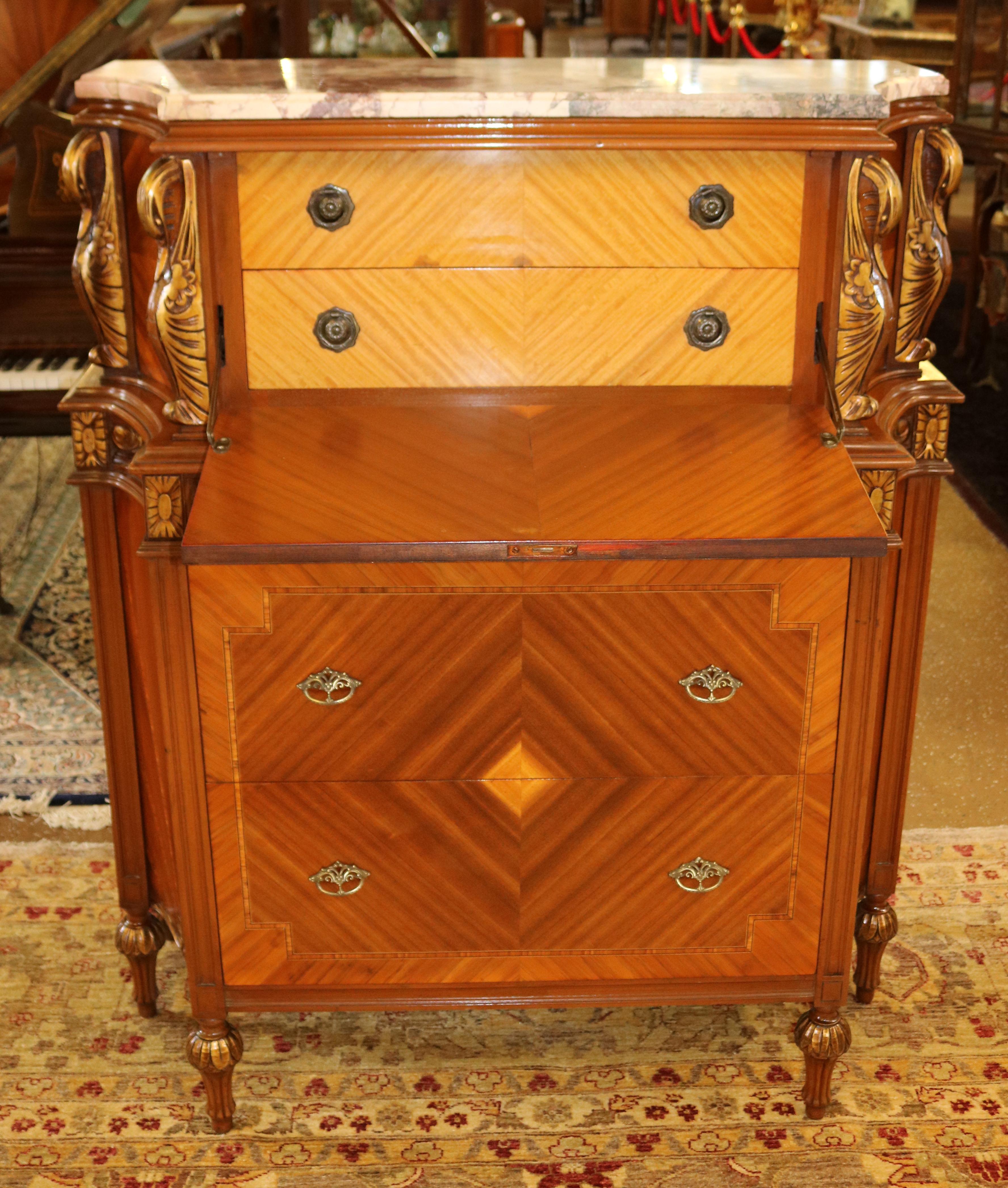 French Louis XVI Style Marble Top Carved Swan Kingwood Dresser High Chest C 1920 In Excellent Condition In Long Branch, NJ