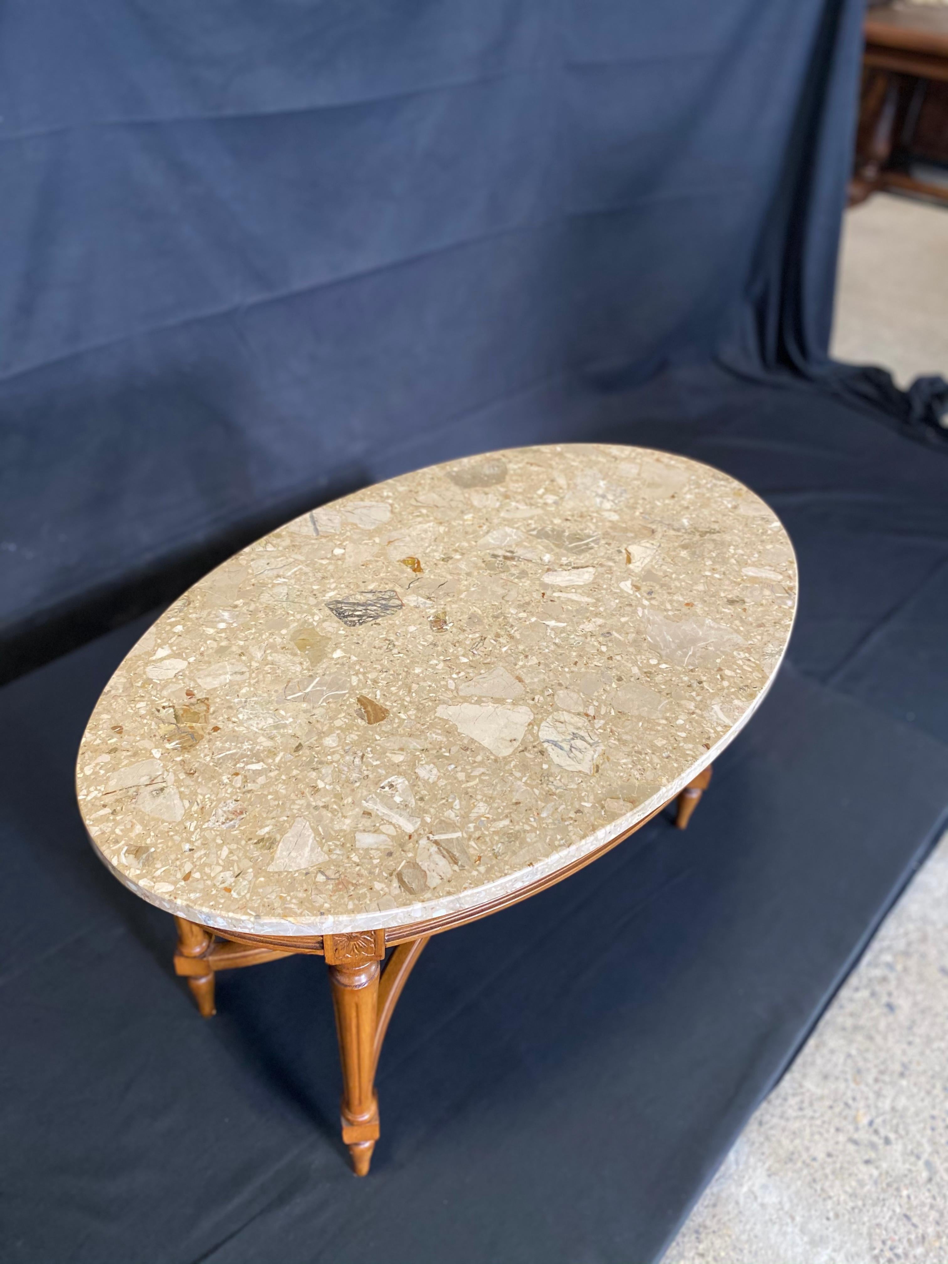 French Louis XVI Style Marble Top Carved Walnut Coffee Table In Good Condition For Sale In Hopewell, NJ