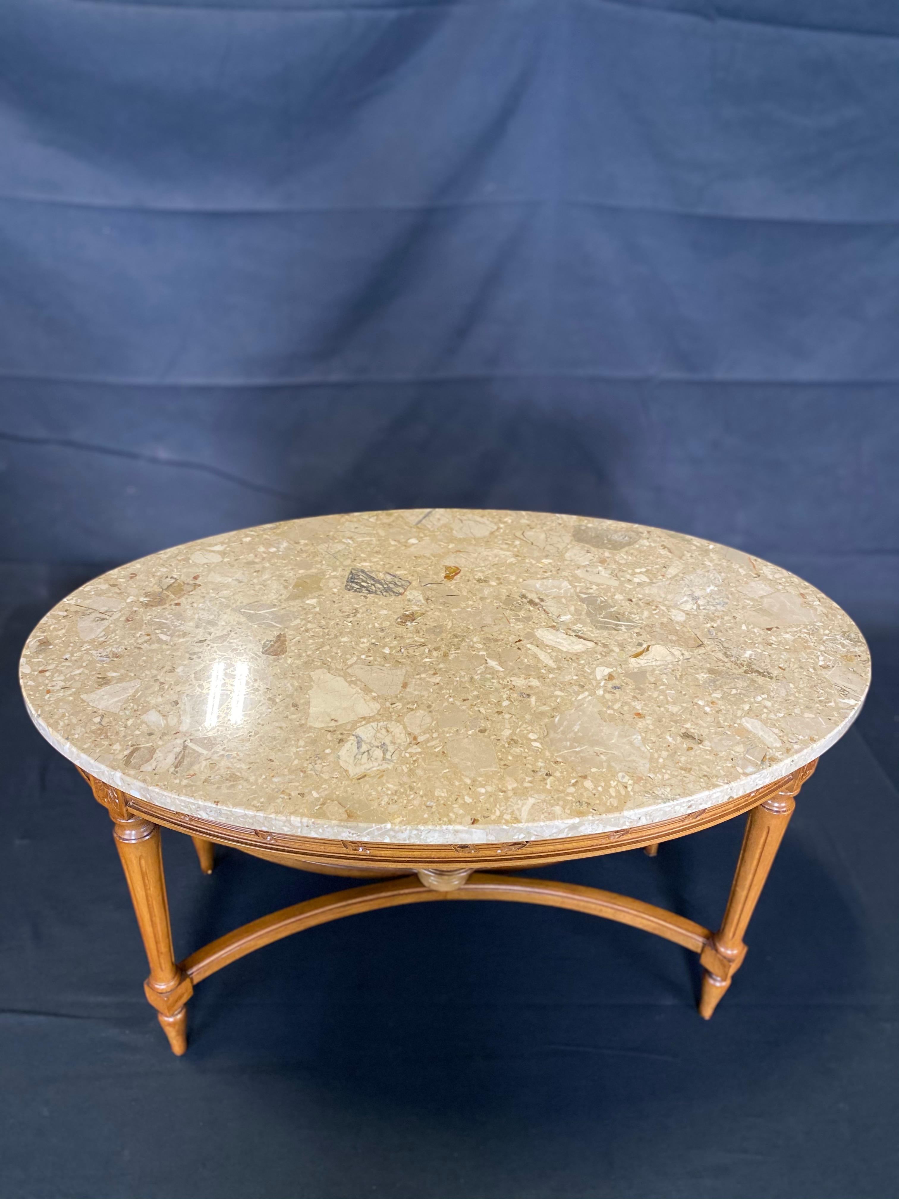 Mid-20th Century French Louis XVI Style Marble Top Carved Walnut Coffee Table For Sale