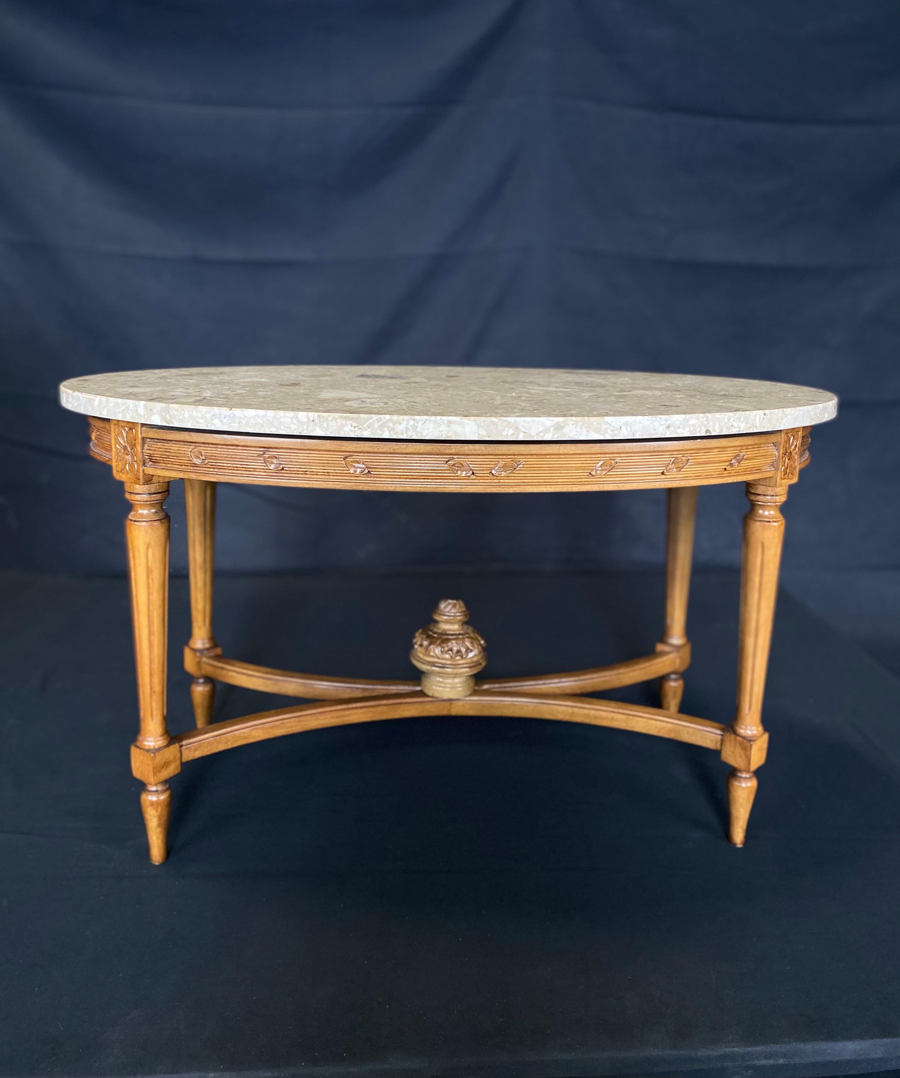 French Louis XVI Style Marble Top Carved Walnut Coffee Table For Sale 1