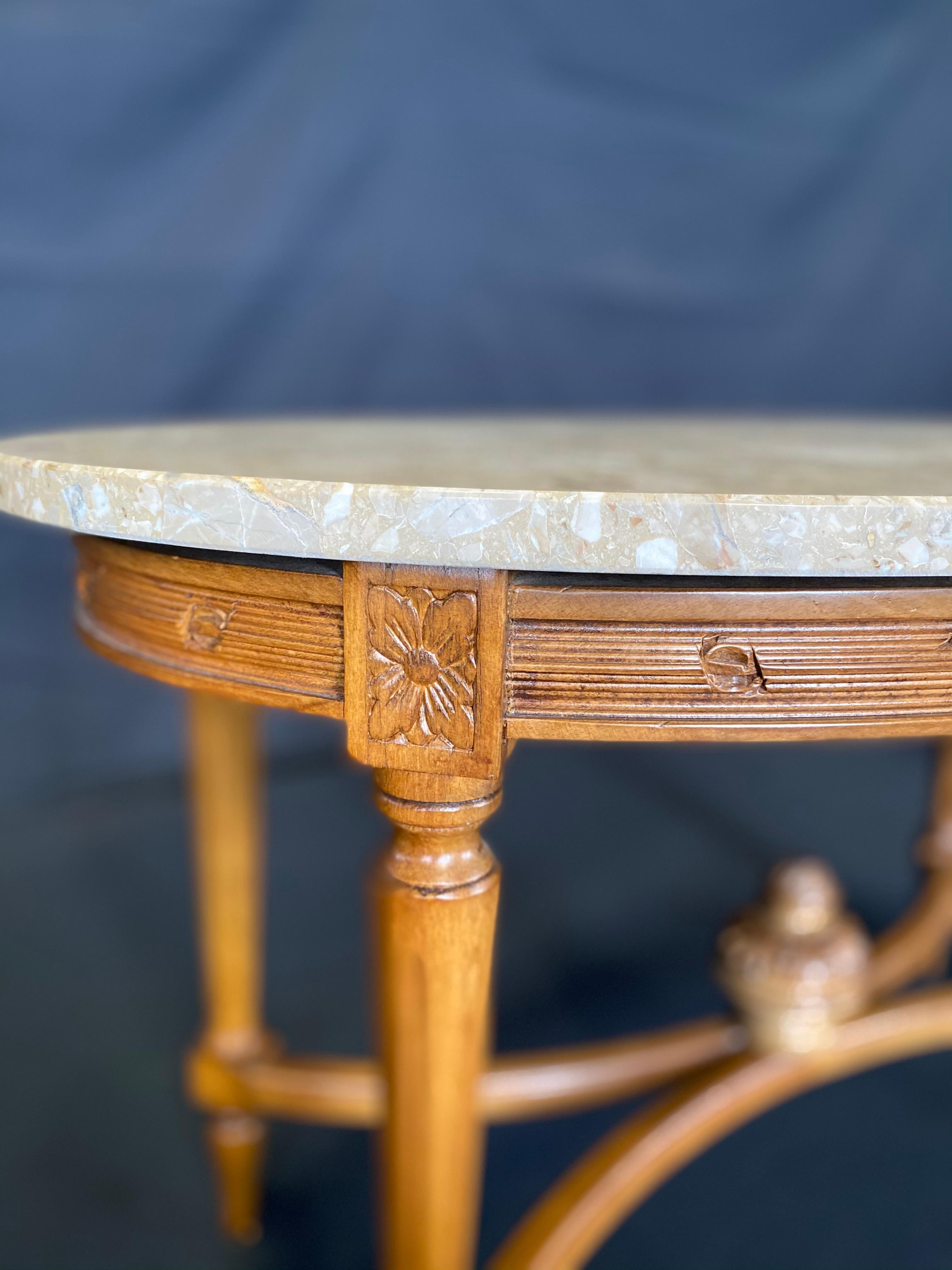 French Louis XVI Style Marble Top Carved Walnut Coffee Table For Sale 5