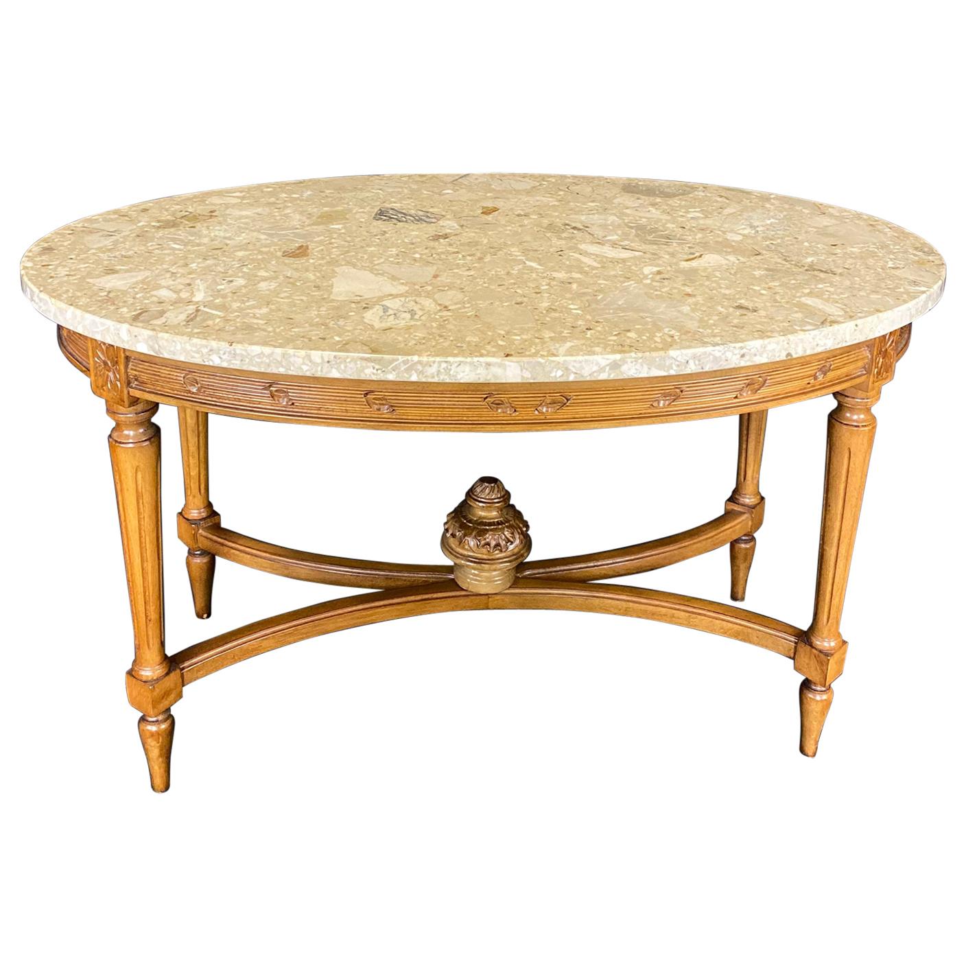 French Louis XVI Style Marble Top Carved Walnut Coffee Table For Sale