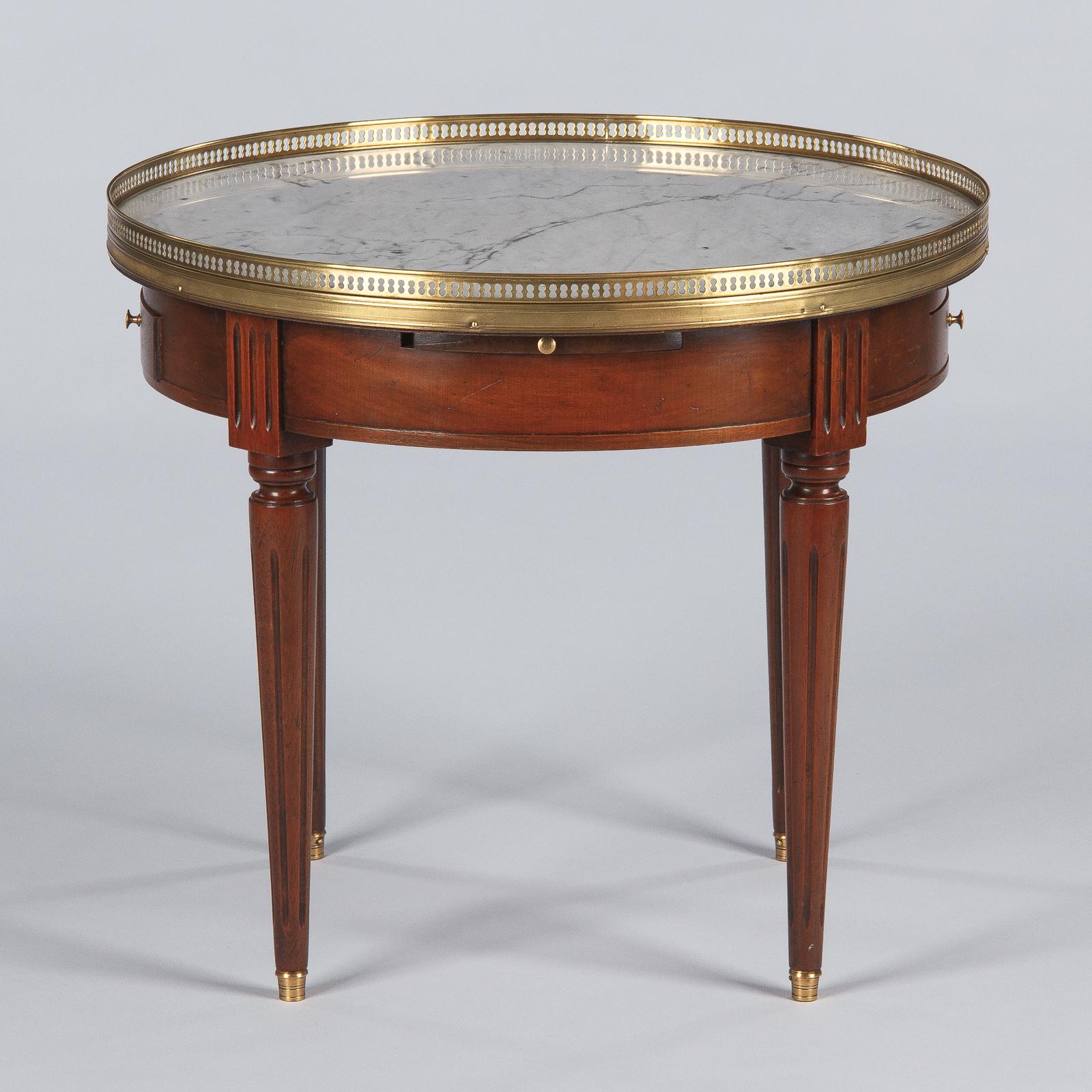 Embossed French Louis XVI Style Marble Top & Cherrywood Bouillotte Table, 1940s