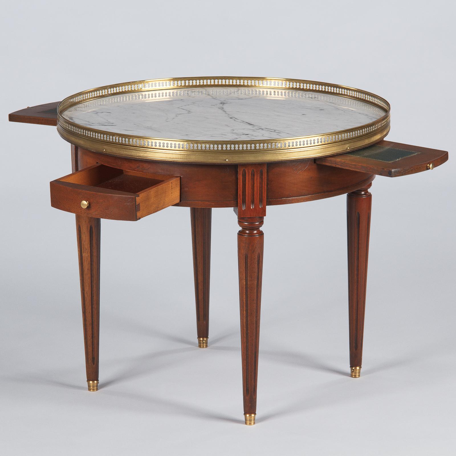 Brass French Louis XVI Style Marble Top & Cherrywood Bouillotte Table, 1940s