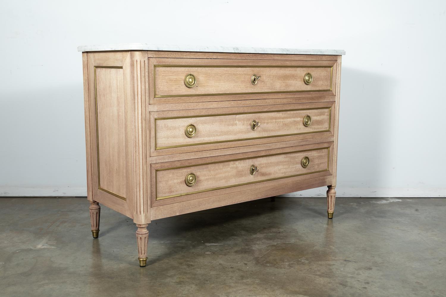 French Louis XVI Style Marble Top Commode in Bleached Mahogany In Good Condition In Birmingham, AL