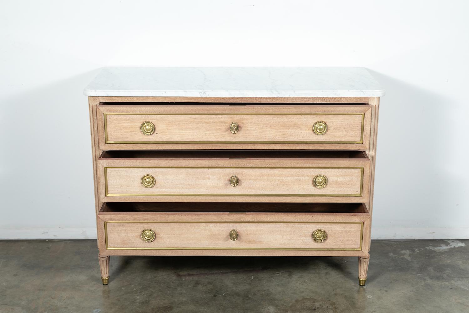 Carrara Marble French Louis XVI Style Marble Top Commode in Bleached Mahogany