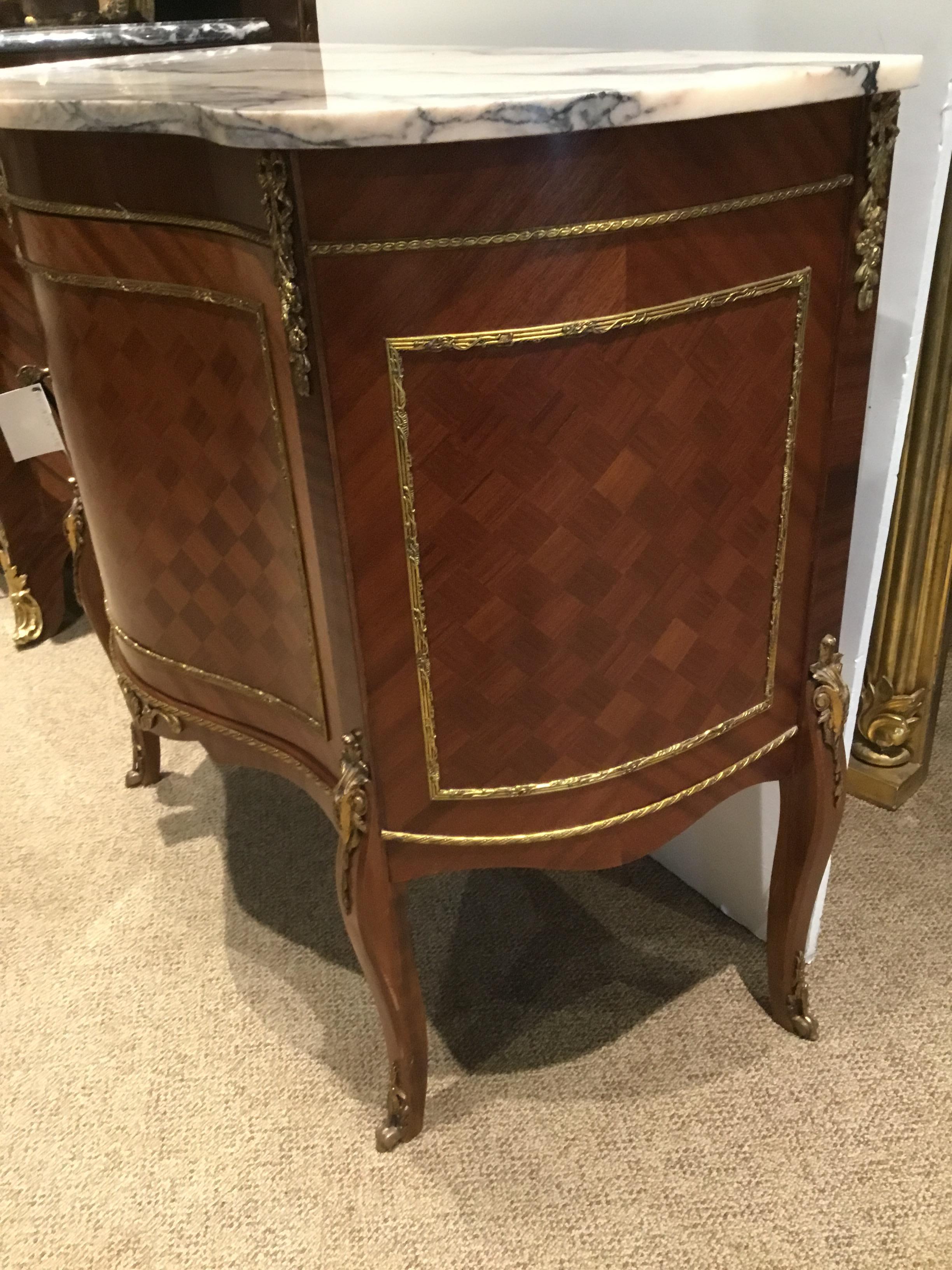 French Louis XVI Style Marble Top Mahogany Cabinet with Marquetry Inlay, Ormolu In Good Condition For Sale In Houston, TX