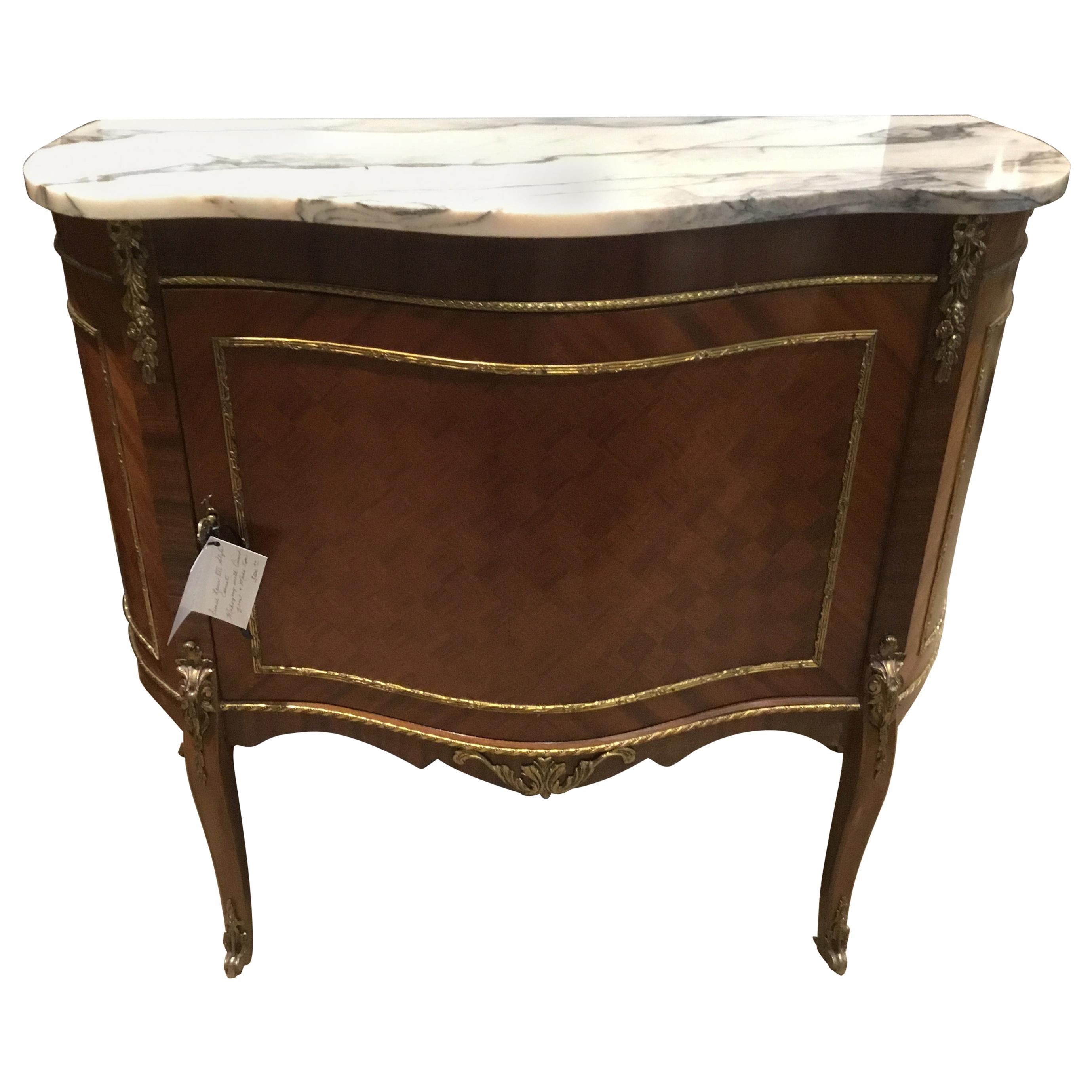 French Louis XVI Style Marble Top Mahogany Cabinet with Marquetry Inlay, Ormolu For Sale
