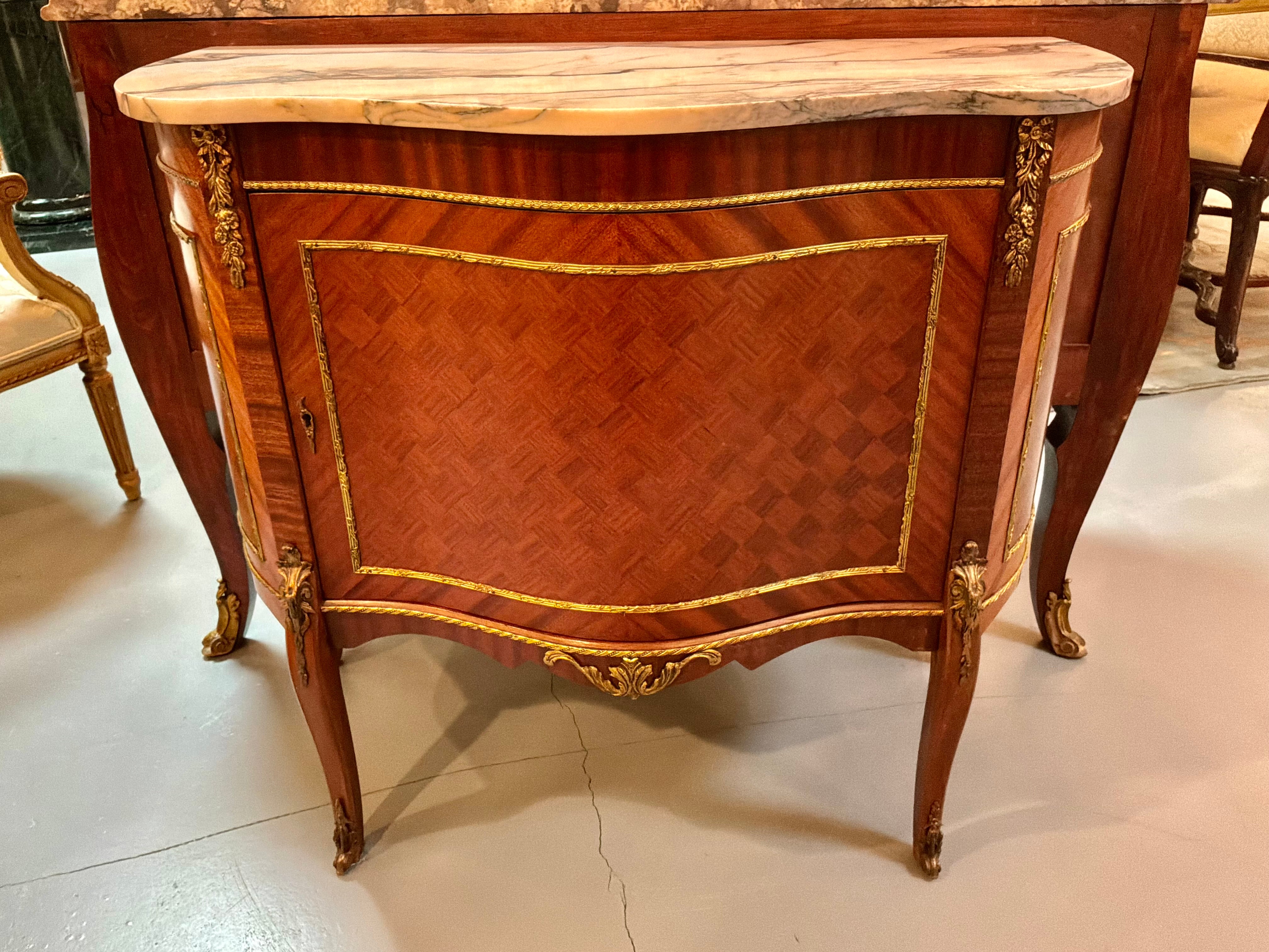 French Louis XVI Style Marble Top Mahogany Cabinet with Marquetry Inlay, Ormolu For Sale