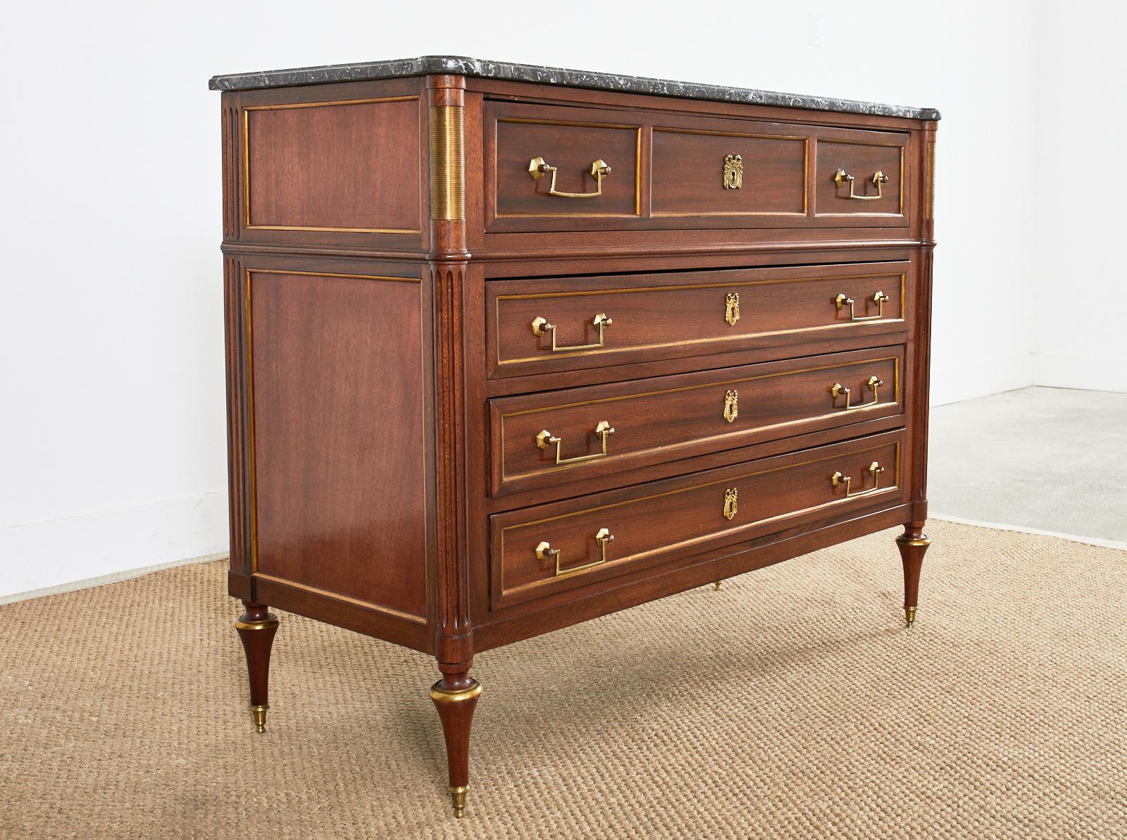 Hand-Crafted French Louis XVI Style Marble Top Mahogany Commode Chest