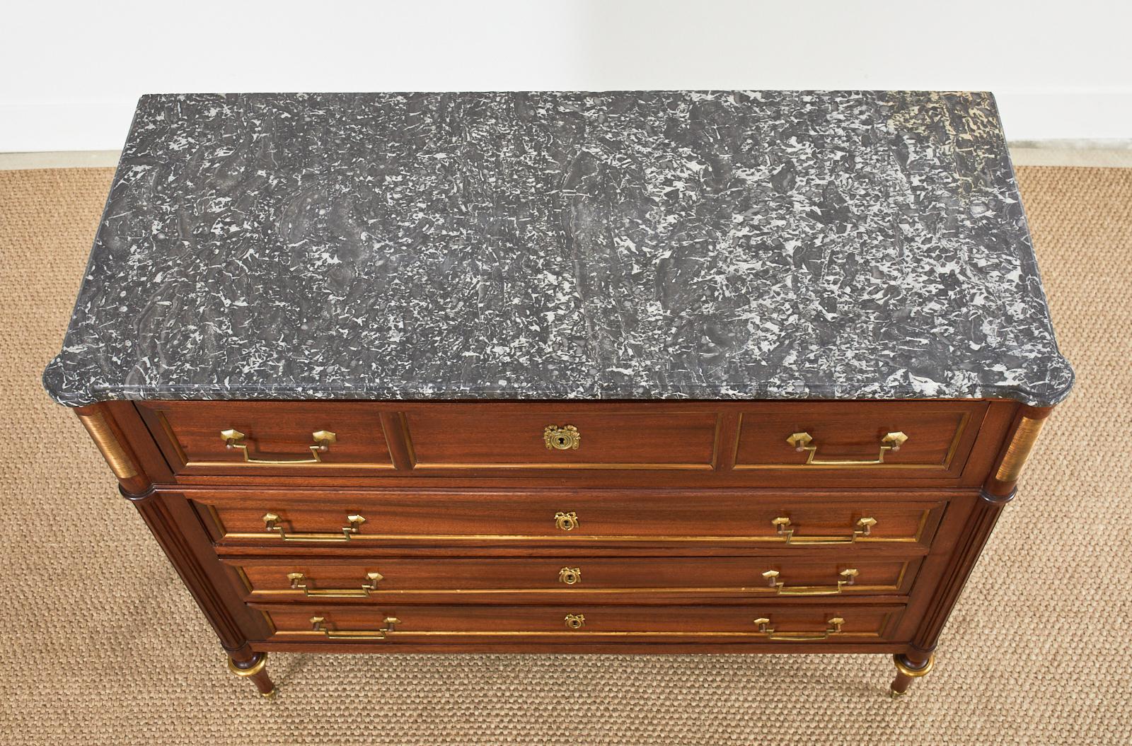 French Louis XVI Style Marble Top Mahogany Commode Chest In Good Condition In Rio Vista, CA