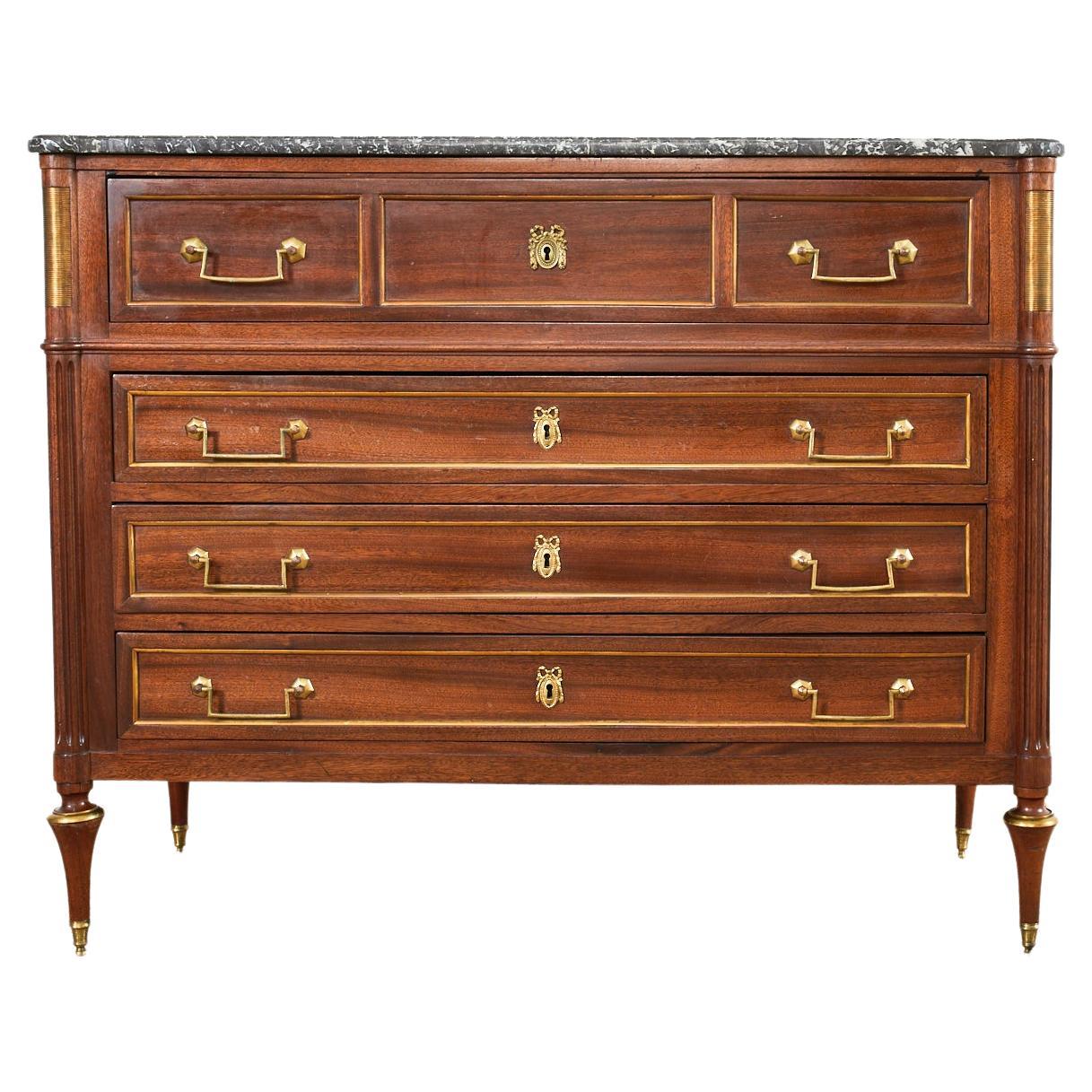French Louis XVI Style Marble Top Mahogany Commode Chest