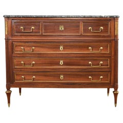 French Louis XVI Style Marble Top Mahogany Commode Chest