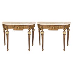 French Louis XVI Style Marble Top Painted Console Tables Decorative Crafts -Pair