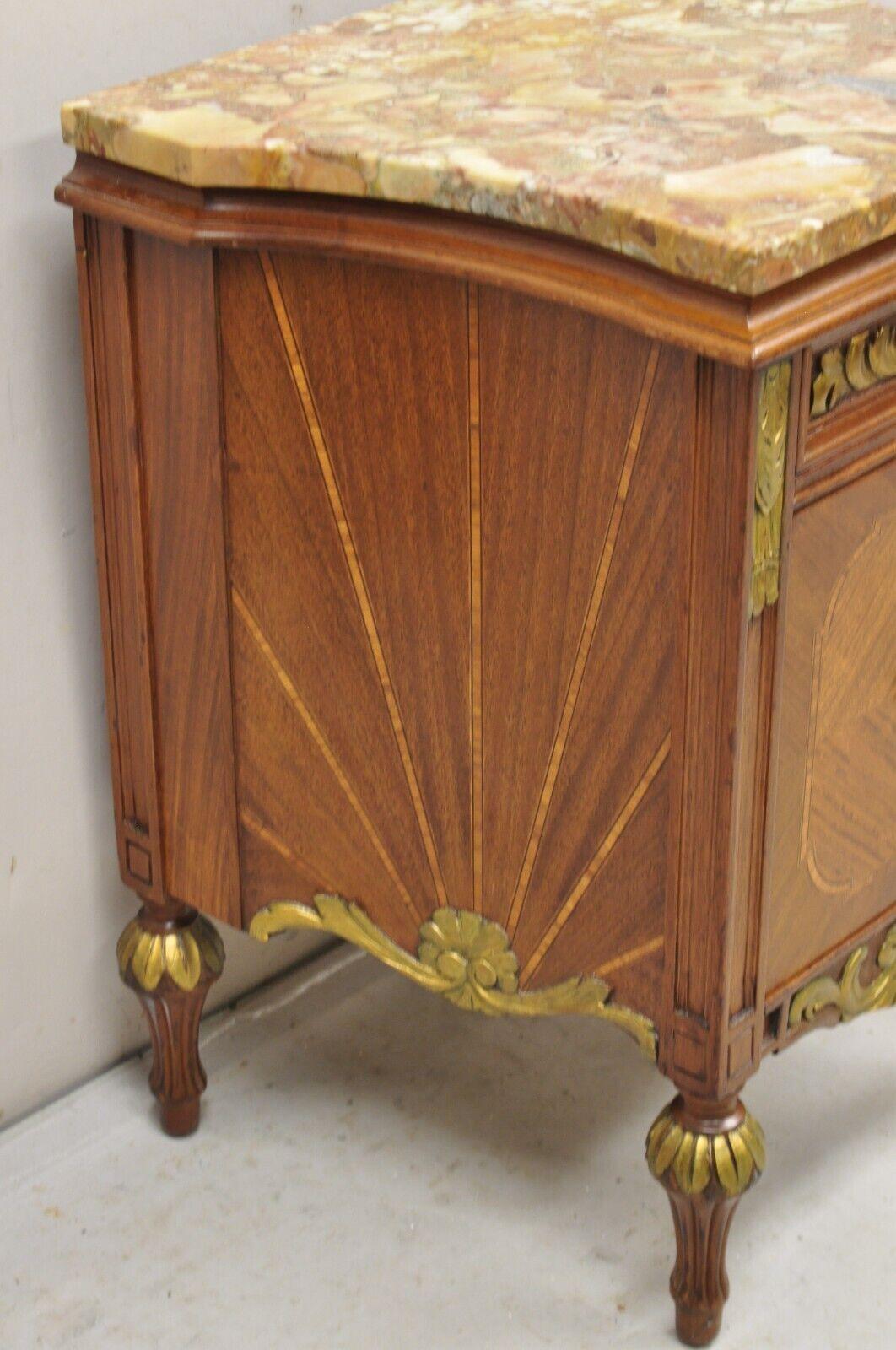 French Louis XVI Style Marble Top Satinwood Inlay Mahogany Nightstands - a Pair For Sale 6