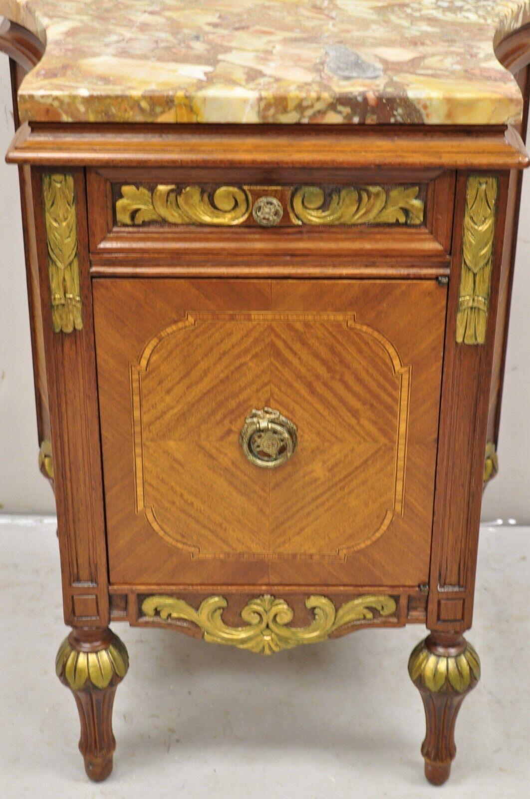 French Louis XVI Style Marble Top Satinwood Inlay Mahogany Nightstands - a Pair For Sale 8