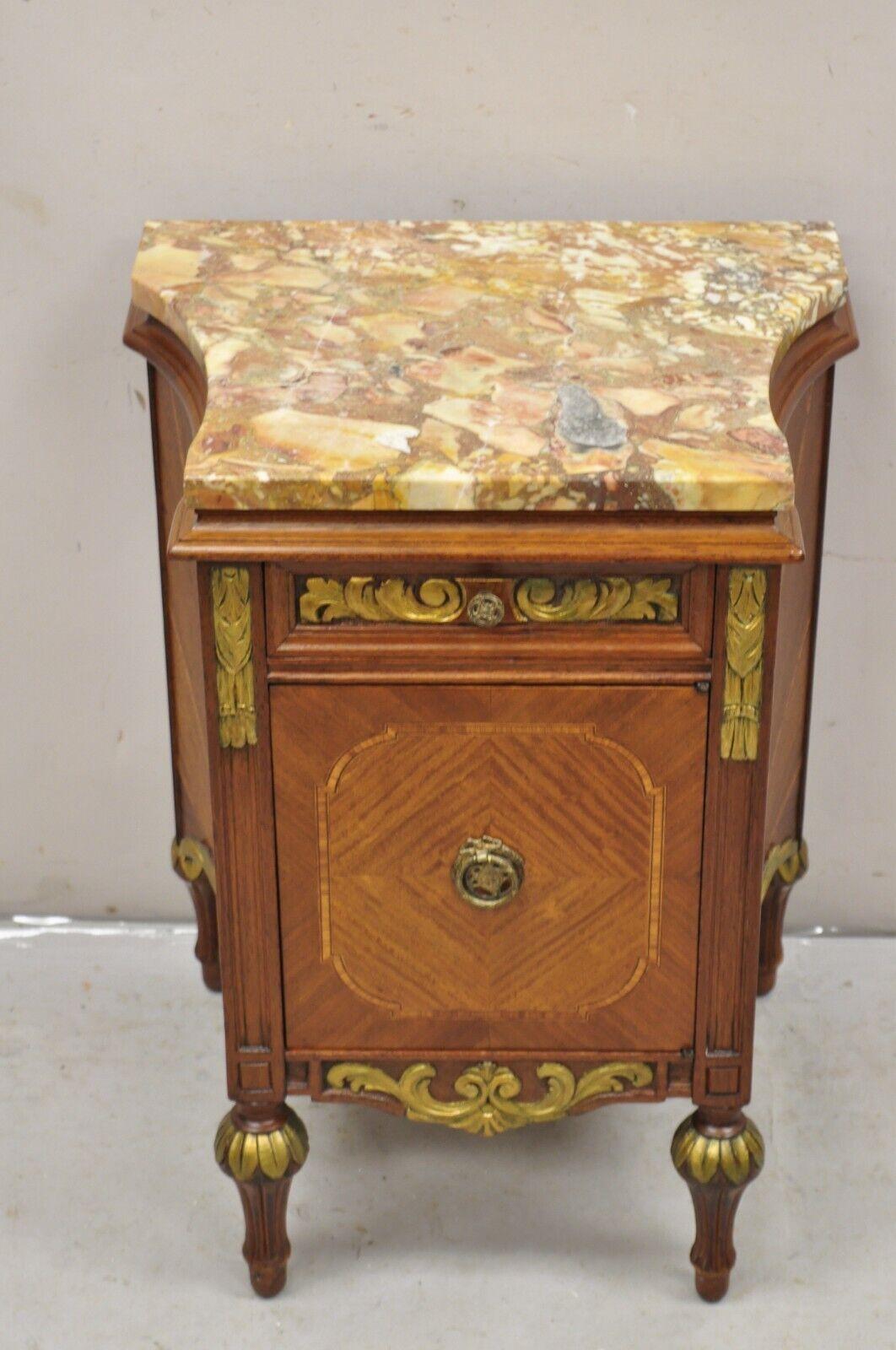 French Louis XVI Style Marble Top Satinwood Inlay Mahogany Nightstands - a Pair In Good Condition For Sale In Philadelphia, PA
