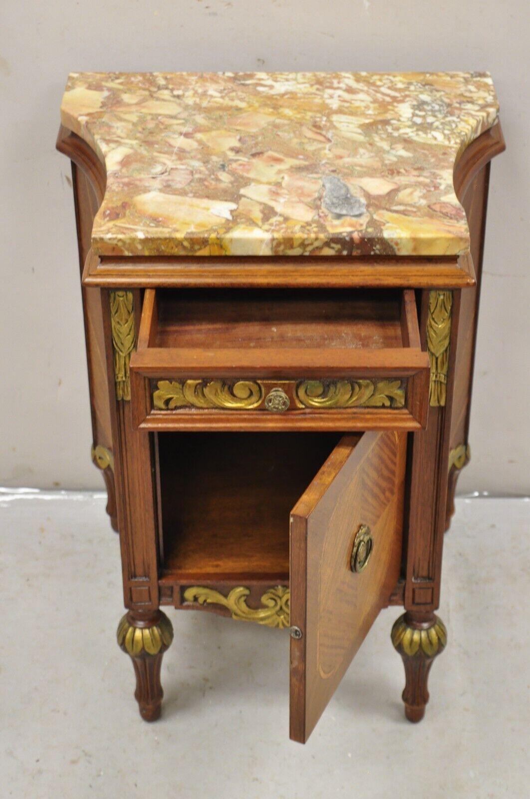 French Louis XVI Style Marble Top Satinwood Inlay Mahogany Nightstands - a Pair For Sale 1