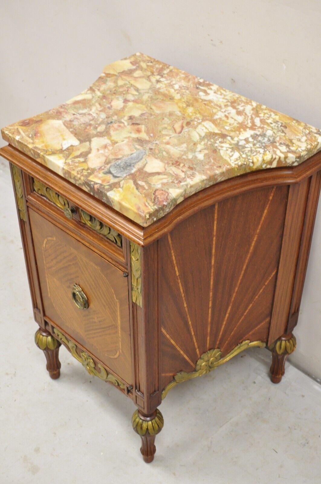 French Louis XVI Style Marble Top Satinwood Inlay Mahogany Nightstands - a Pair For Sale 2