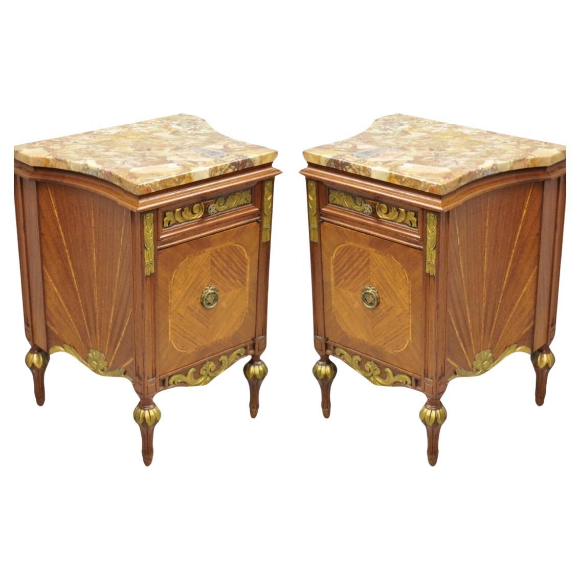 French Louis XVI Style Marble Top Satinwood Inlay Mahogany Nightstands - a Pair For Sale