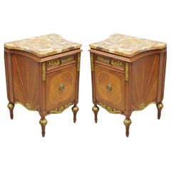 Antique French Louis XVI Style Marble Top Satinwood Inlay Mahogany Nightstands - a Pair