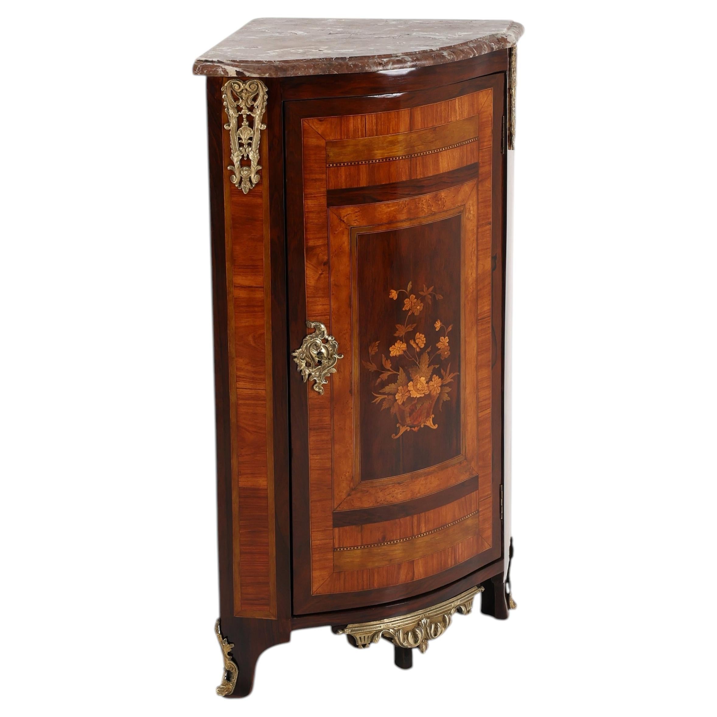 French Louis XVI Style Marquetry Corner Cabinet with Marble Top
