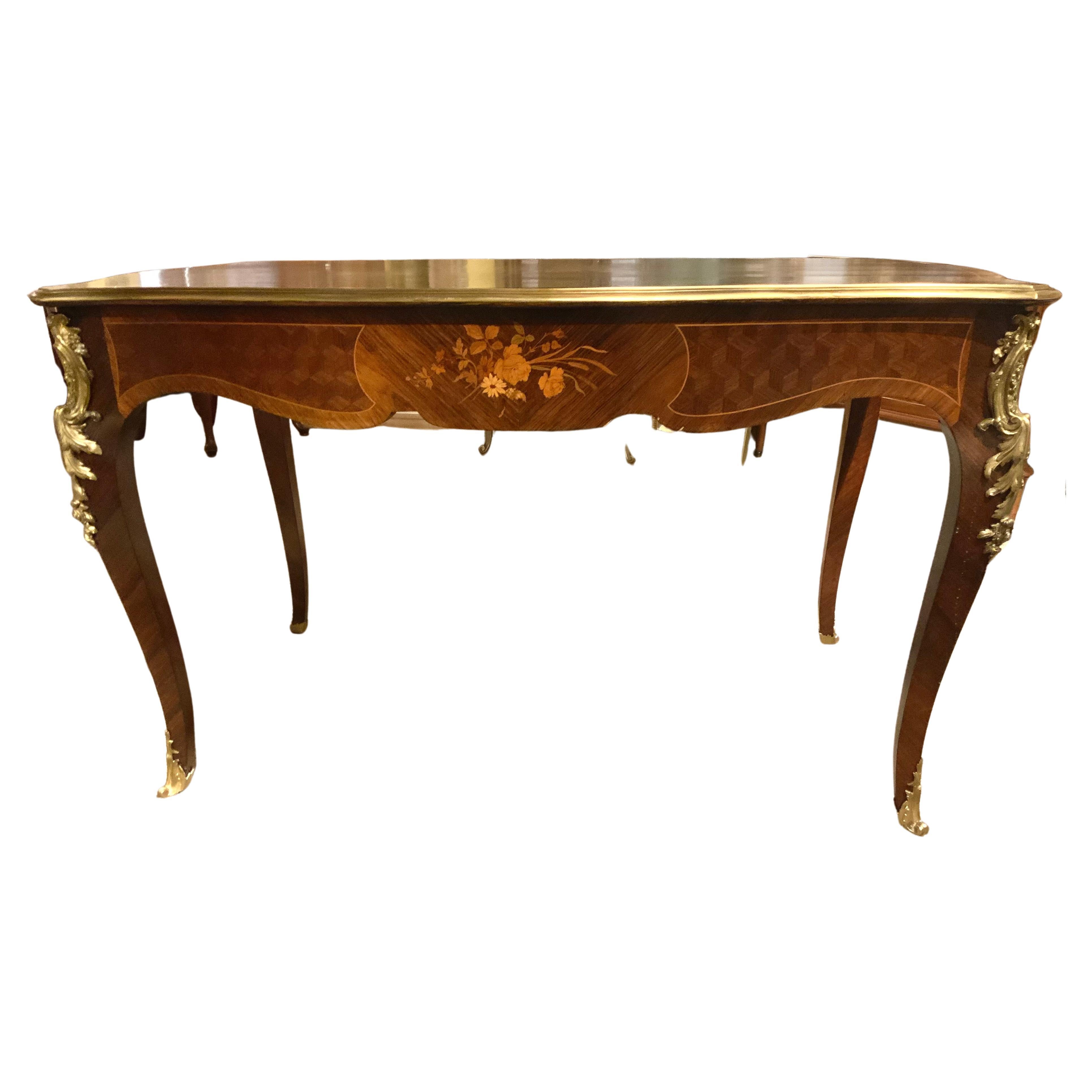 French Louis XVI-Style Marquetry Desk / Bureauplatt, with Bronze Dore Mounts For Sale