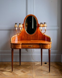Coiffeuse en marqueterie de style Louis XVI avec lumières en bronze doré, Belle Époque