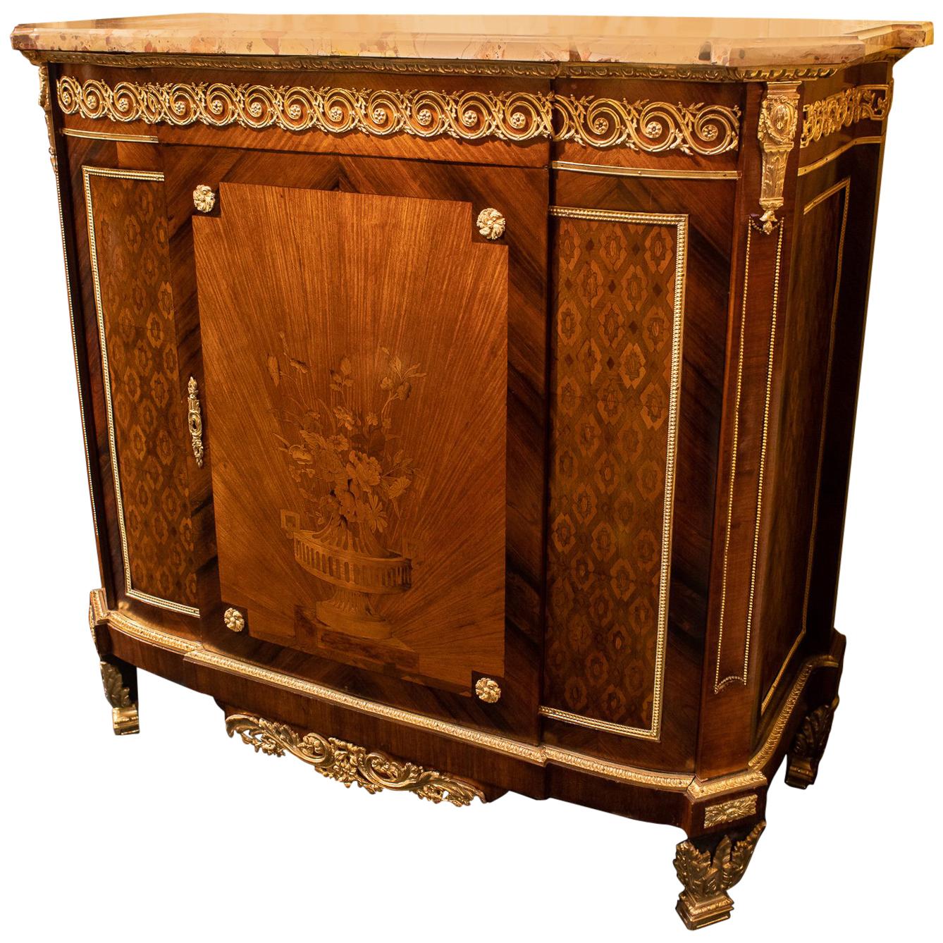 French Louis XVI Style Marquetry Inlaid Bronze-Mounted Marble-Top Commode