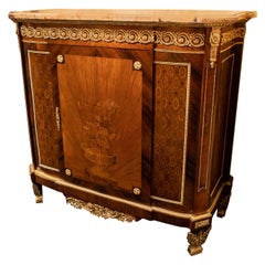 French Louis XVI Style Marquetry Inlaid Bronze-Mounted Marble-Top Commode