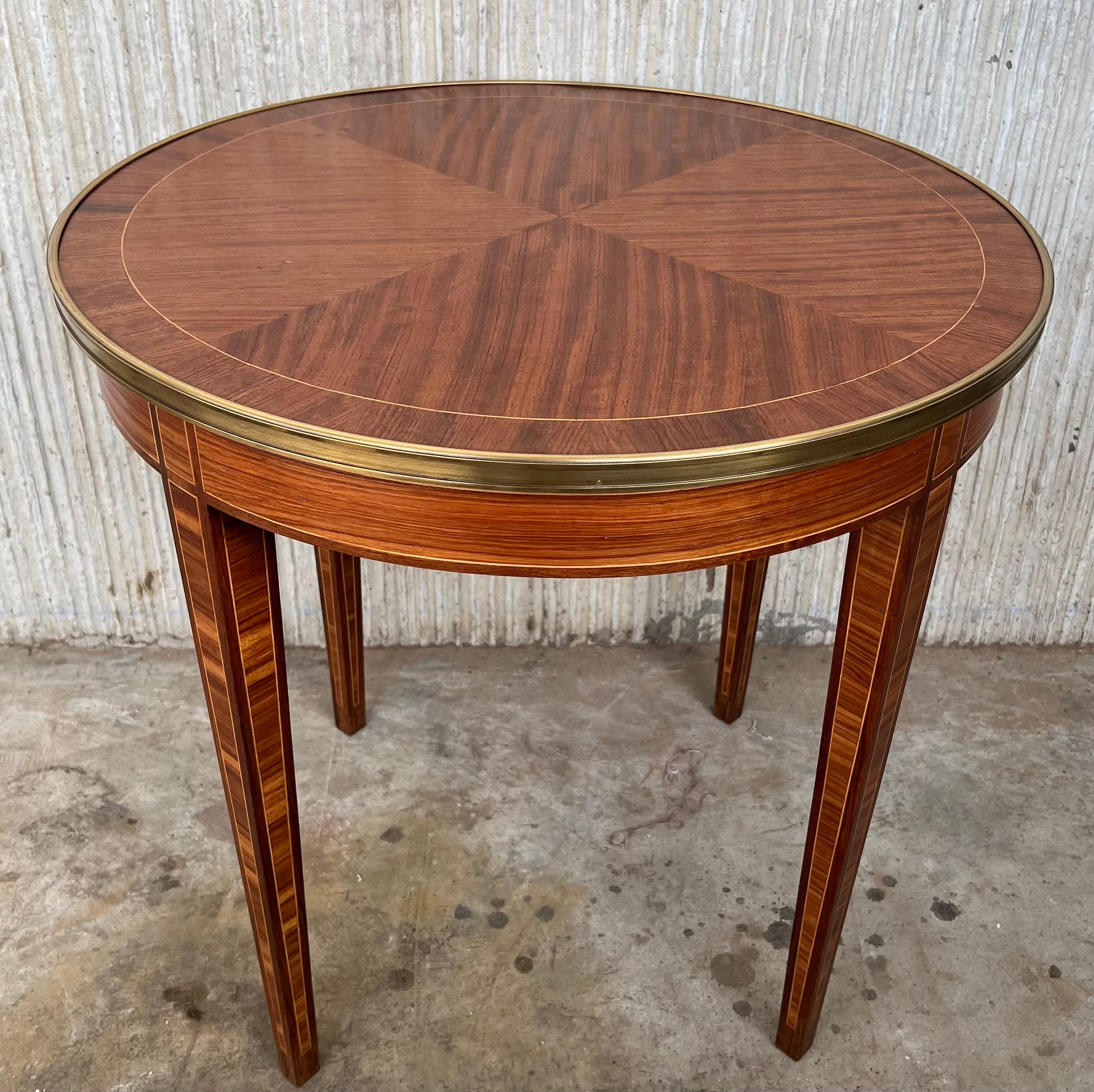 French Louis XVI Style Marquetry Inlaid Gilt Bronze Circular Round Accent Table 1