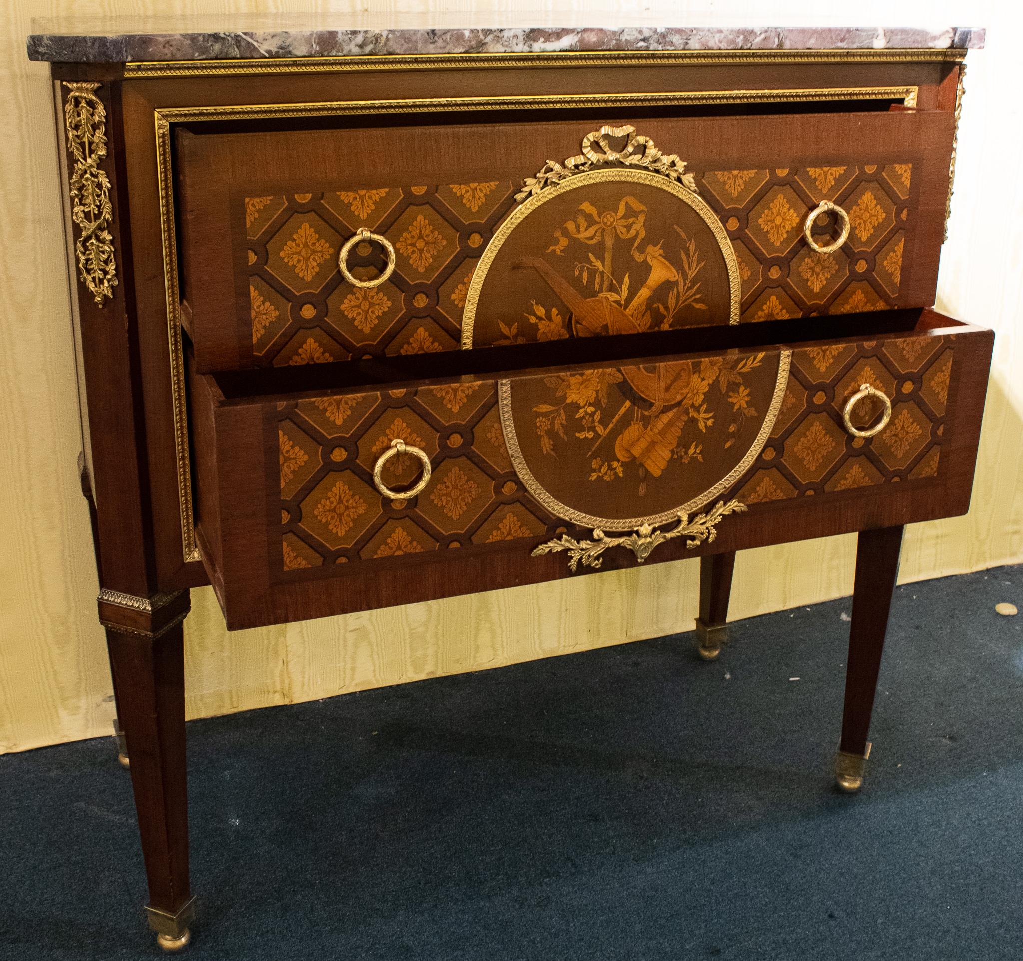 Late 19th Century French Louis XVI Style Marquetry Inlaid Marble-Top Commode For Sale