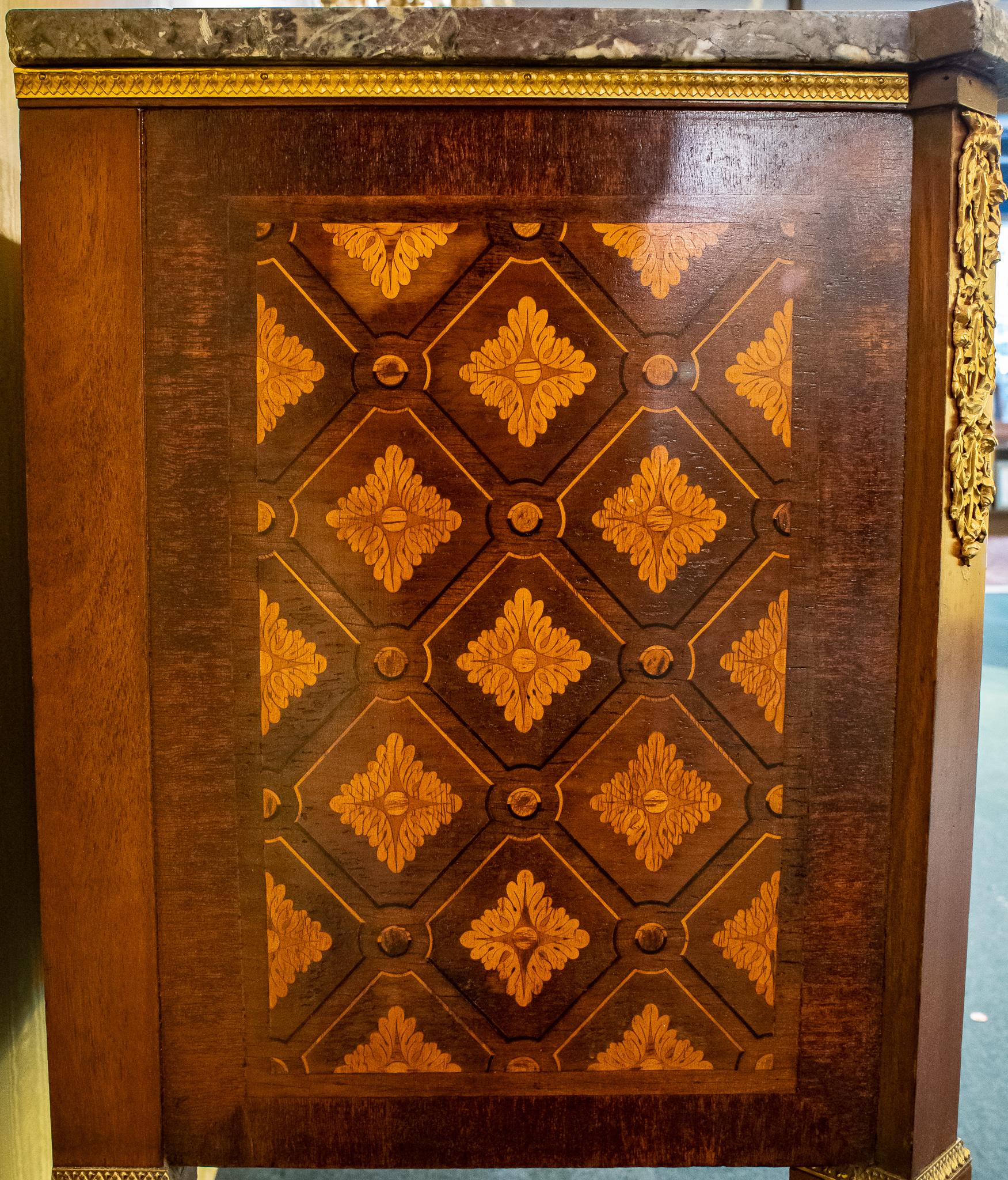 French Louis XVI Style Marquetry Inlaid Marble-Top Commode For Sale 2