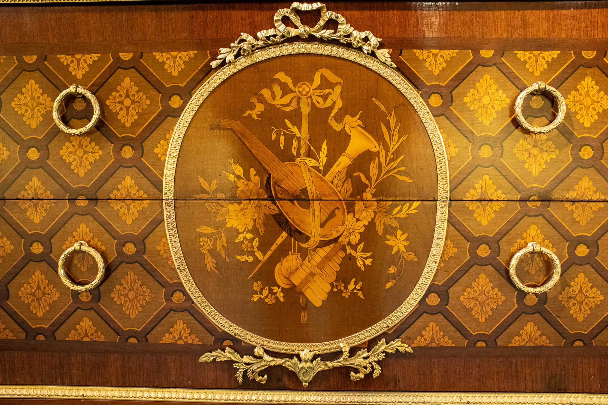 French Louis XVI Style Marquetry Inlaid Marble-Top Commode For Sale 4