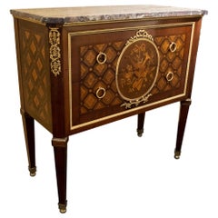 French Louis XVI Style Marquetry Inlaid Marble-Top Commode