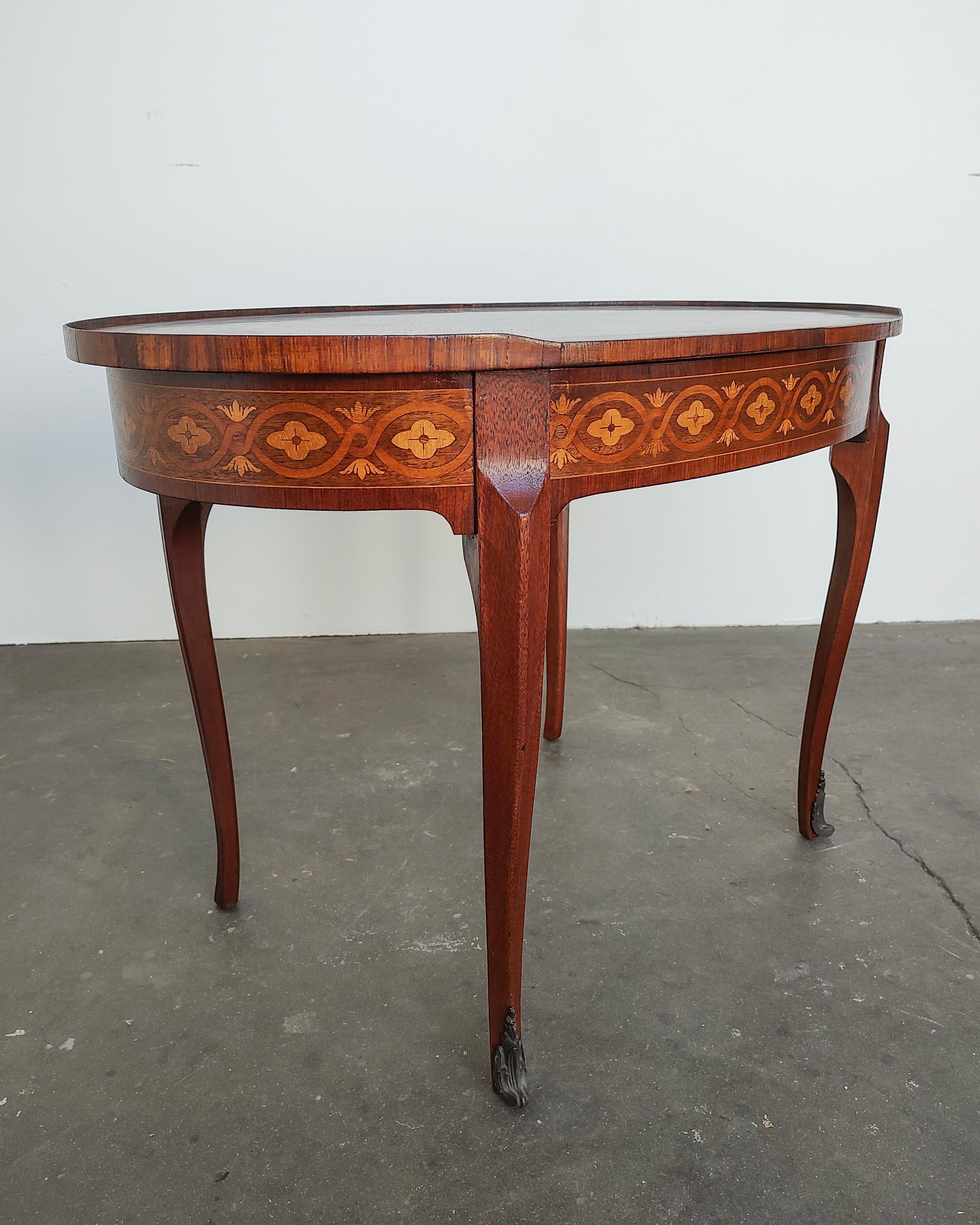 French Louis XVI Style Marquetry Oval Side Table with Hidden Drawer For Sale 4