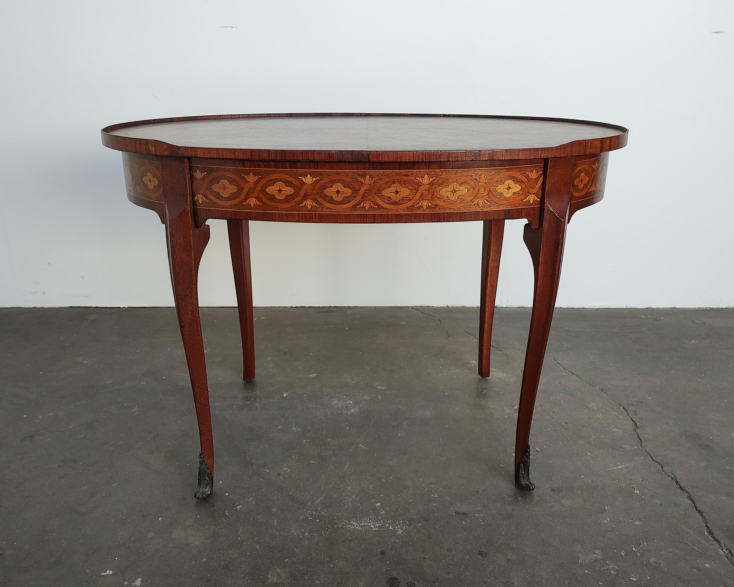 Inlay French Louis XVI Style Marquetry Oval Side Table with Hidden Drawer For Sale