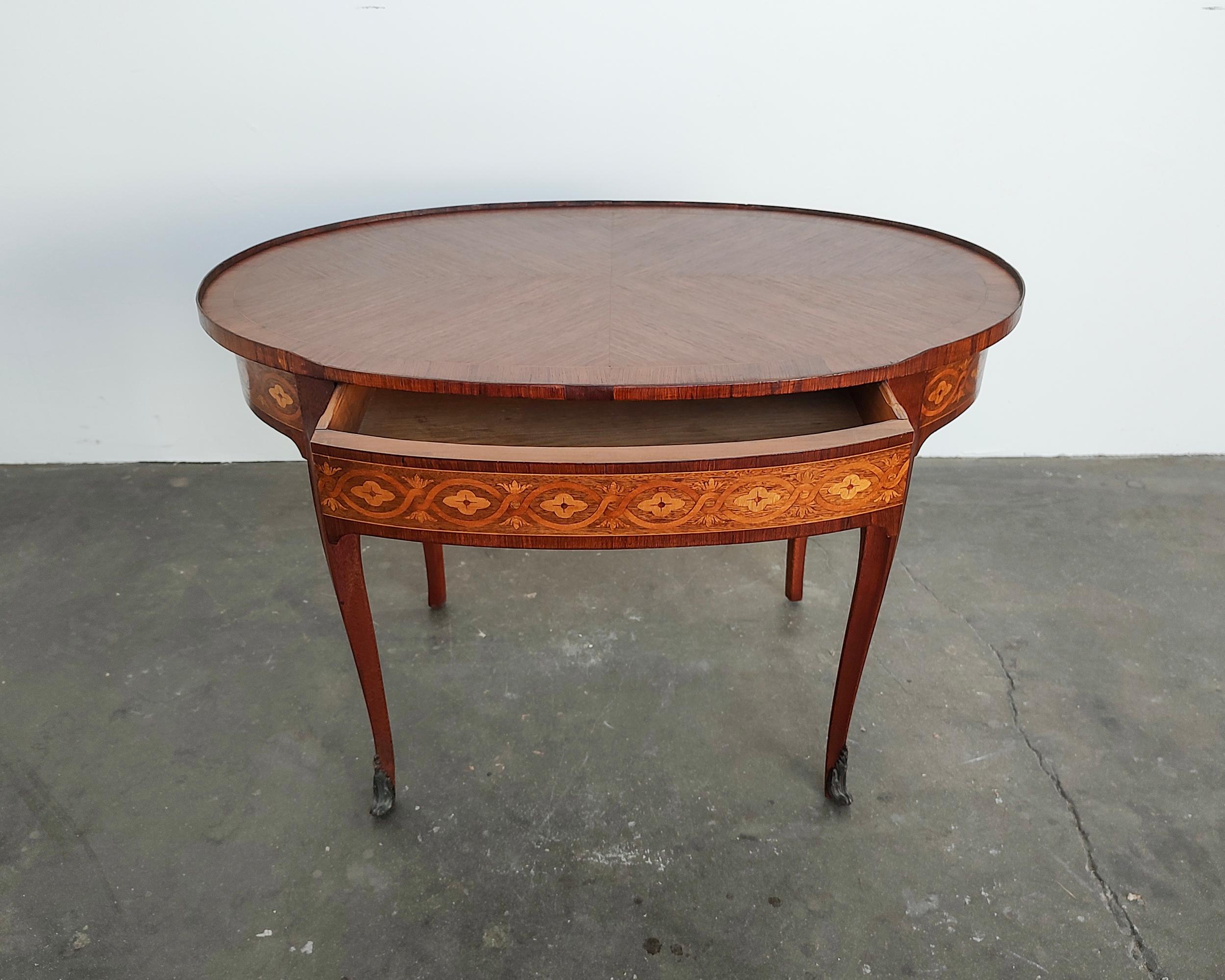 Bronze French Louis XVI Style Marquetry Oval Side Table with Hidden Drawer For Sale