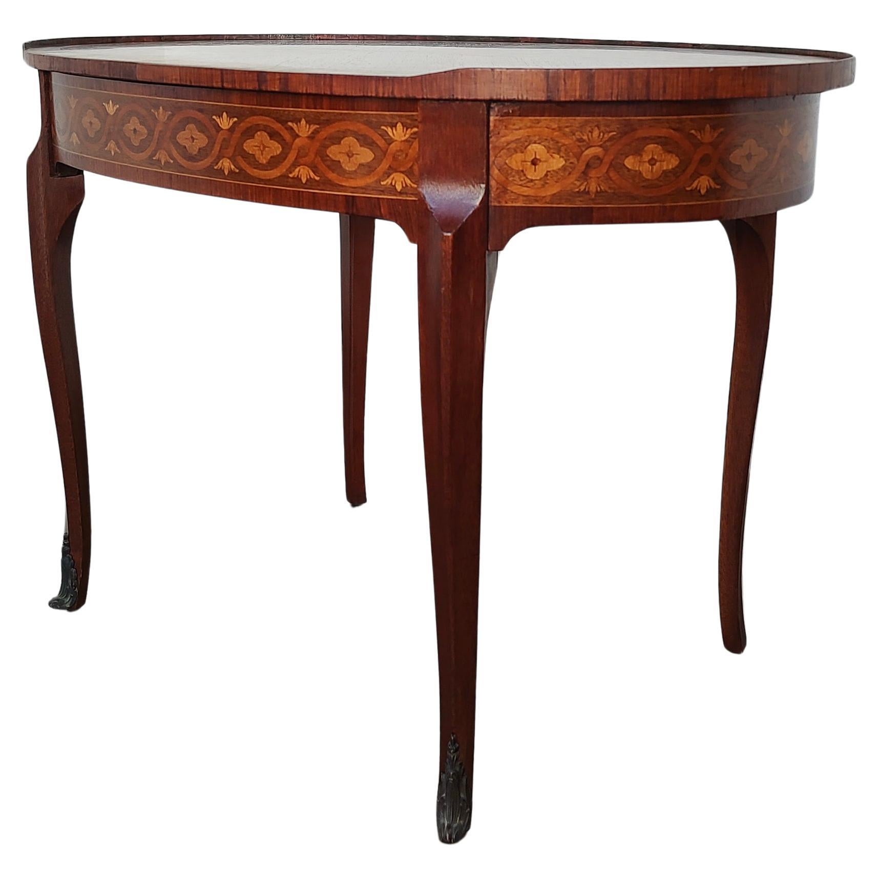 French Louis XVI Style Marquetry Oval Side Table with Hidden Drawer For Sale