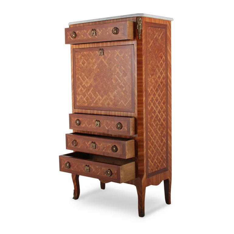 French Louis XVI marble-top secretary, the surface veneered entirely with kingwood parquetry, with brass accents, circa 1950.

 