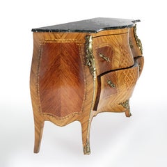 French Louis XVI Style Marquetry Serpentine Bombe Marble Top Commode, 20th C