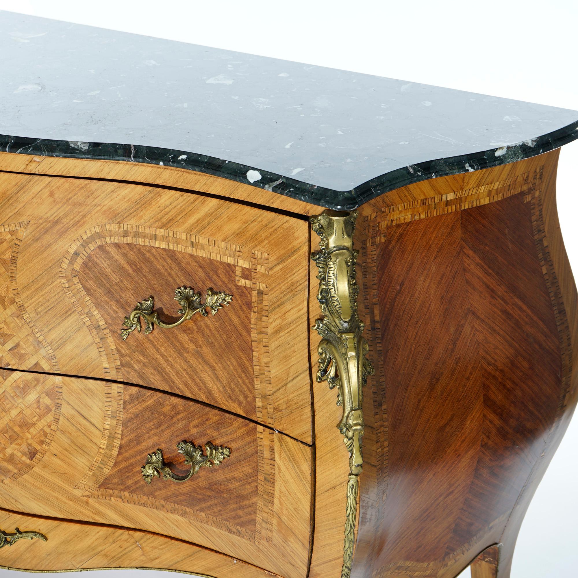 20th Century French Louis XVI Style Marquetry Serpentine Bombe Marble Top Commode, 20th C