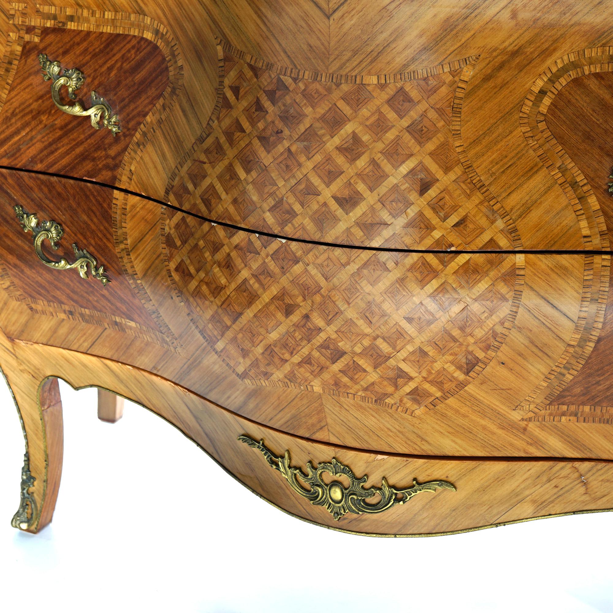 French Louis XVI Style Marquetry Serpentine Bombe Marble Top Commode, 20th C 4