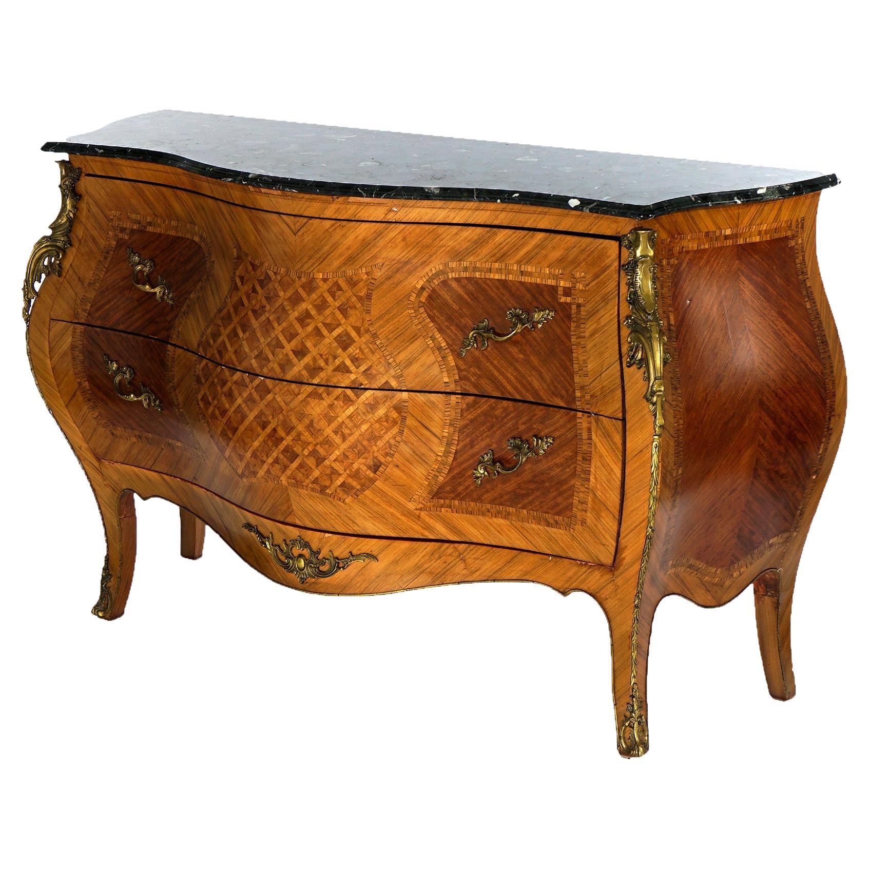 French Louis XVI Style Marquetry Serpentine Bombe Marble Top Commode, 20th C