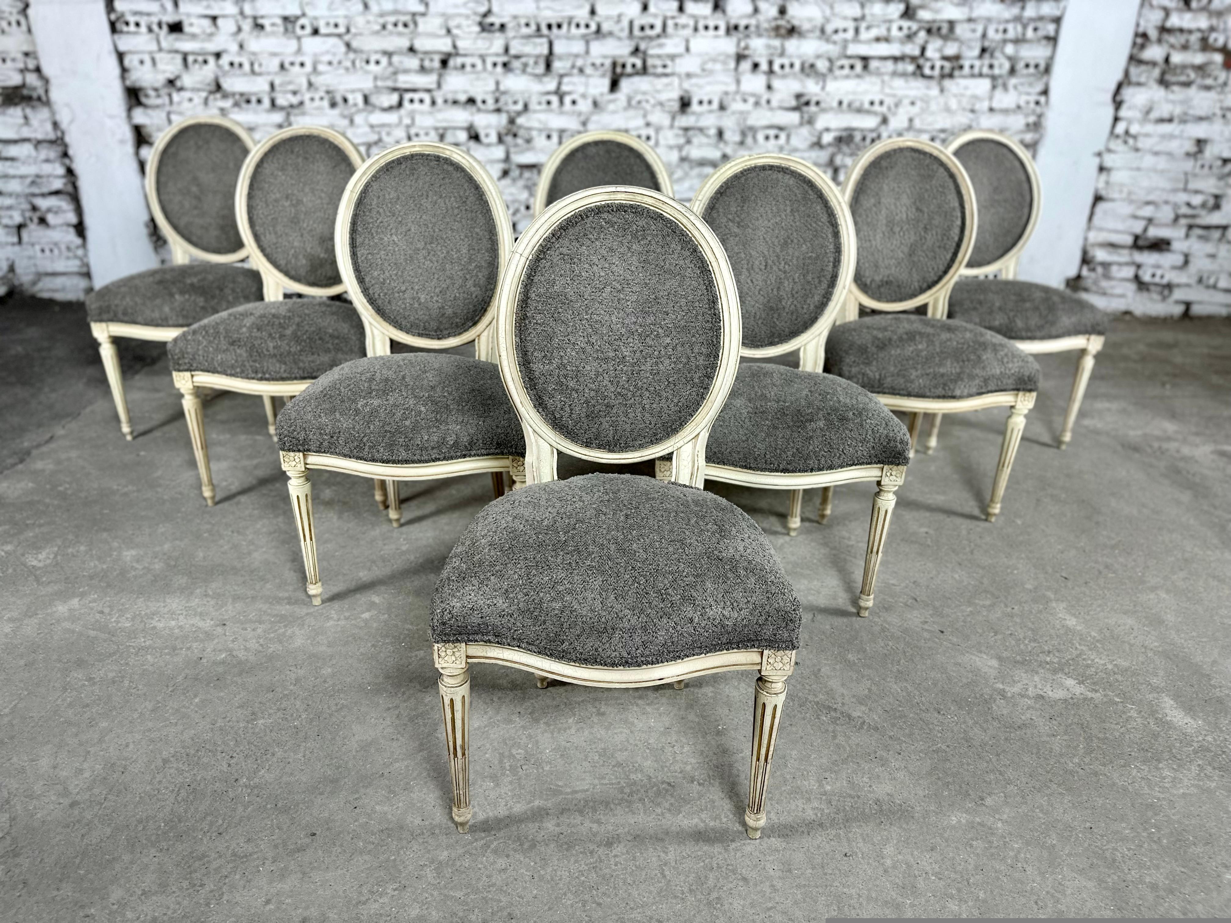 French Louis XVI Style Medallion Back Reupholstered Dining Chairs - Set  For Sale 5