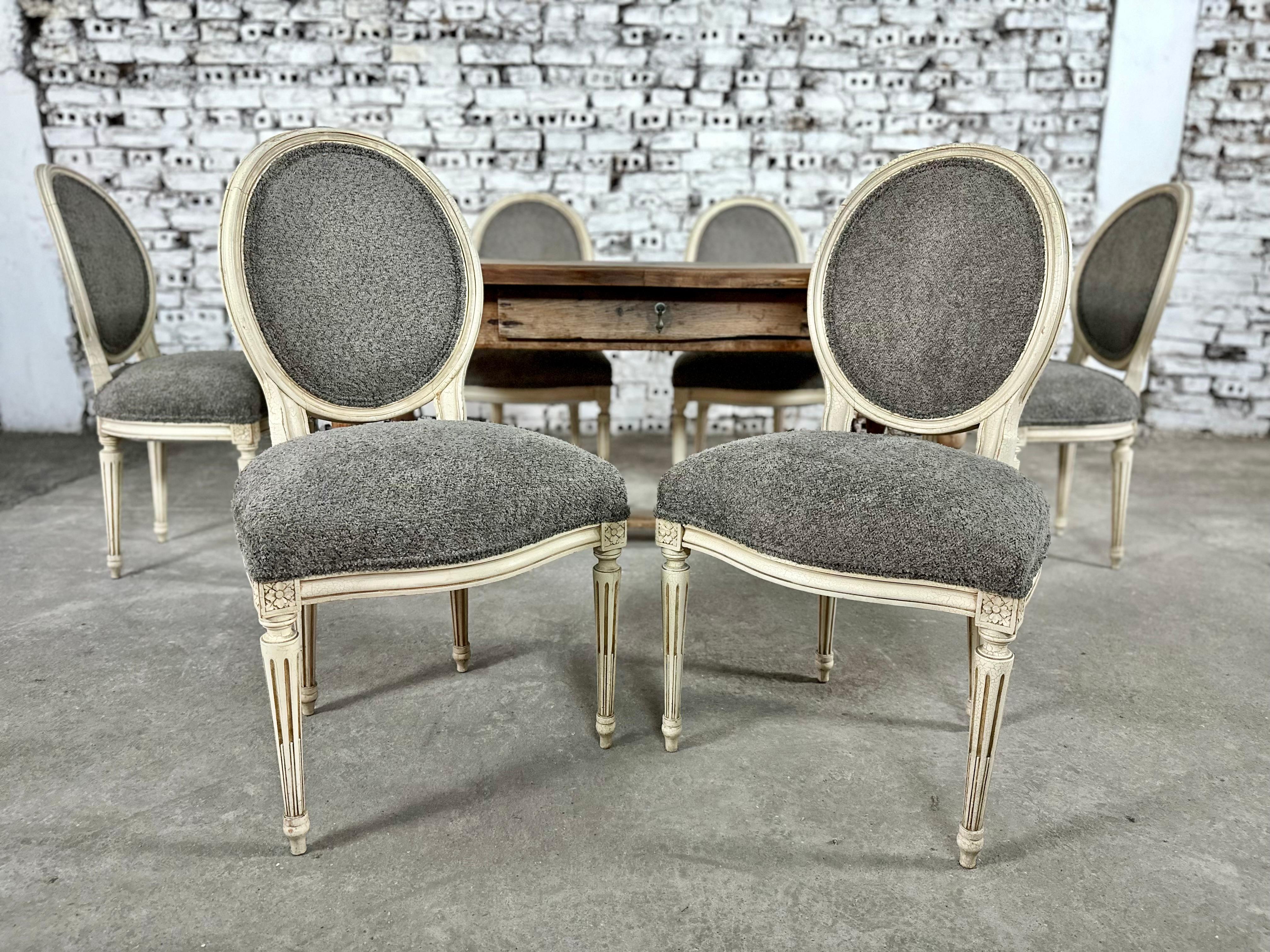 French Louis XVI Style Medallion Back Reupholstered Dining Chairs - Set  For Sale 6