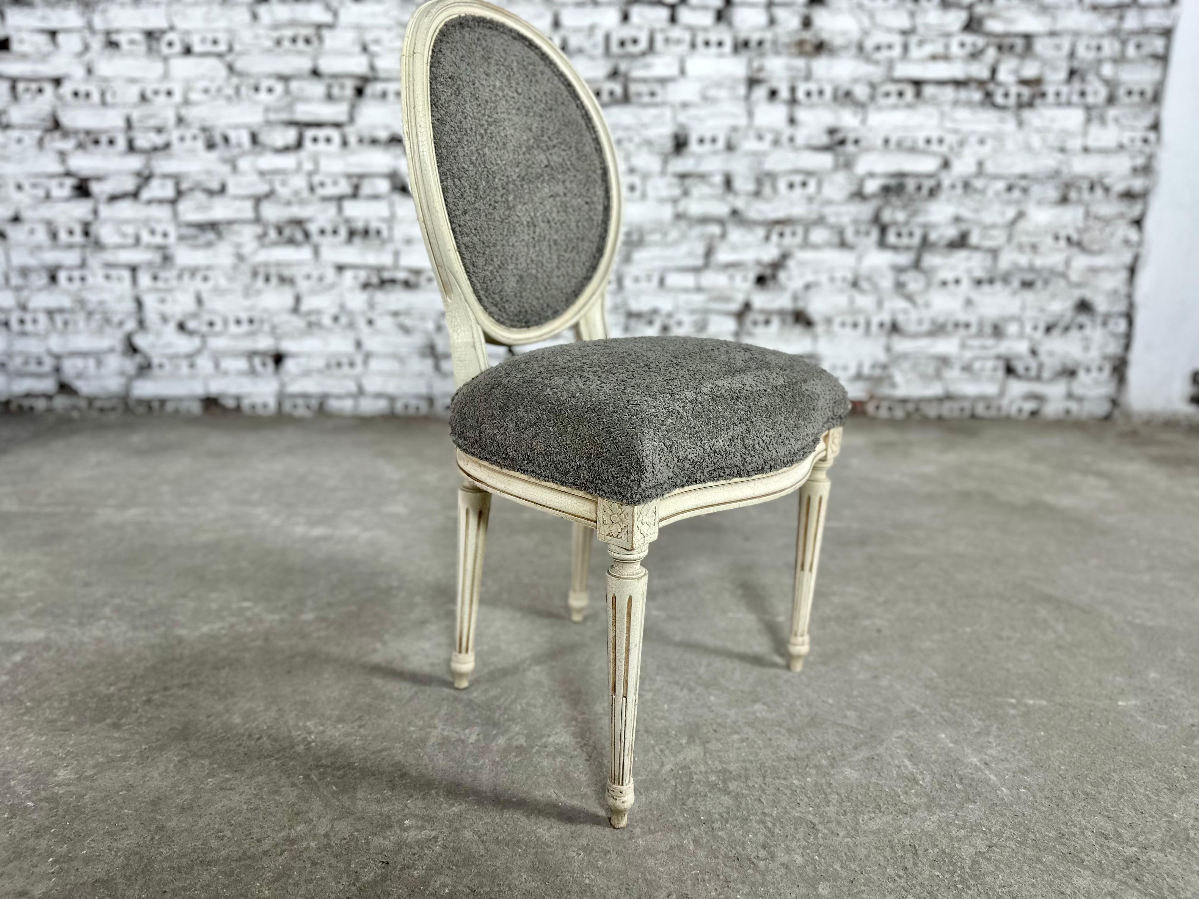 French Louis XVI Style Medallion Back Reupholstered Dining Chairs - Set  For Sale 8